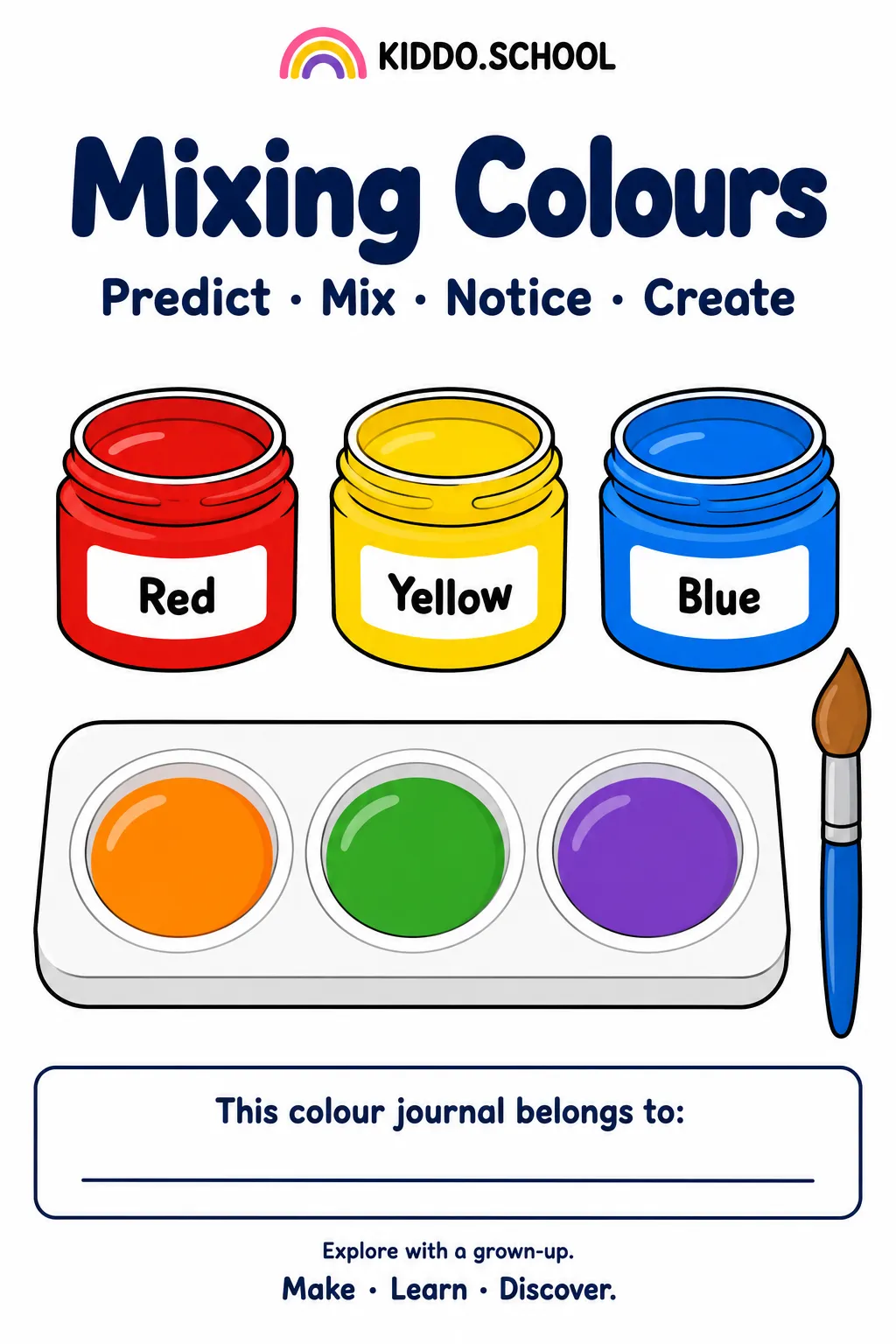 Red, yellow and blue paint pots beside a mixing tray and brush.