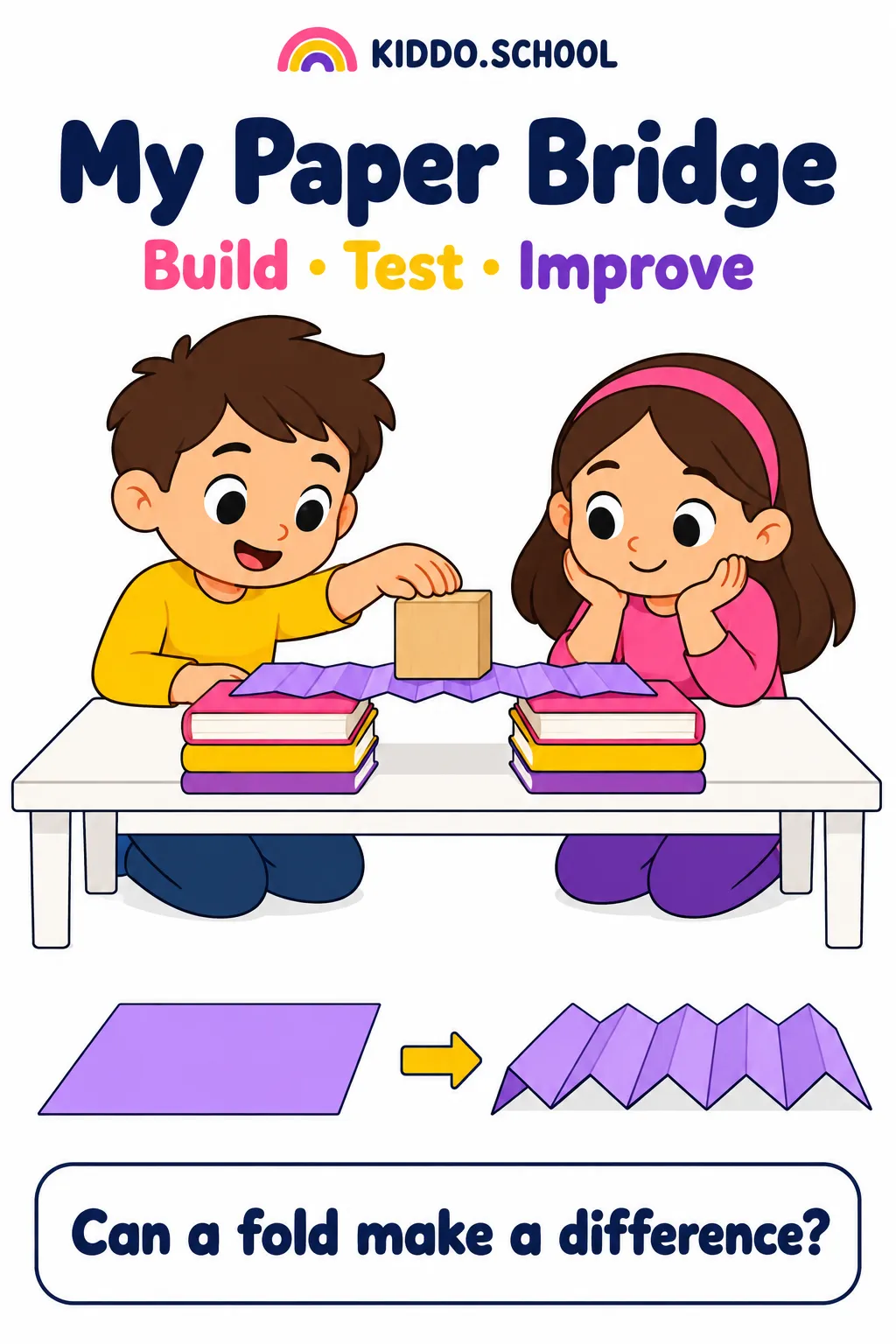 Two children testing a folded paper bridge supported on low stacks of books.