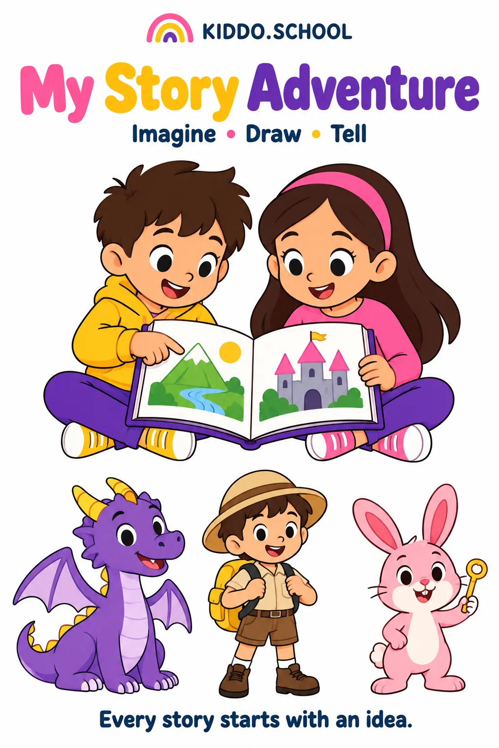 Two children sharing a picture book, with a dragon, explorer and rabbit as story character ideas.