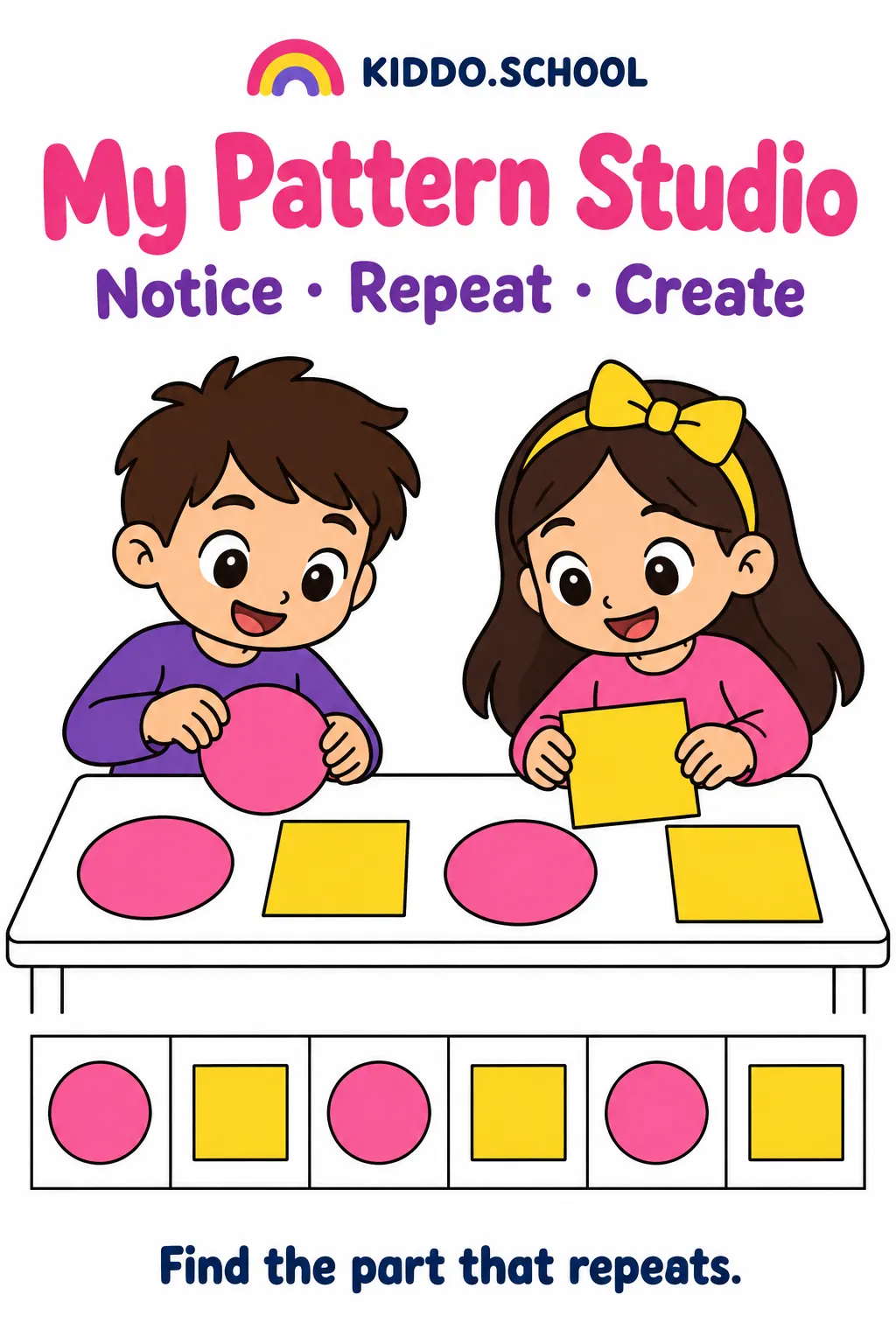 Cartoon Pattern Studio guide: two children place pink circles and yellow squares into an alternating repeating row.