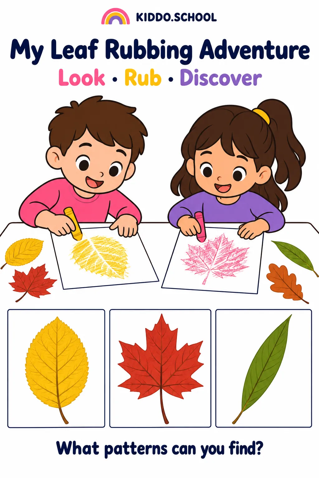 Cartoon leaf rubbing guide: a child lays a crayon on its side and rubs across paper while three leaf-shaped prints appear.