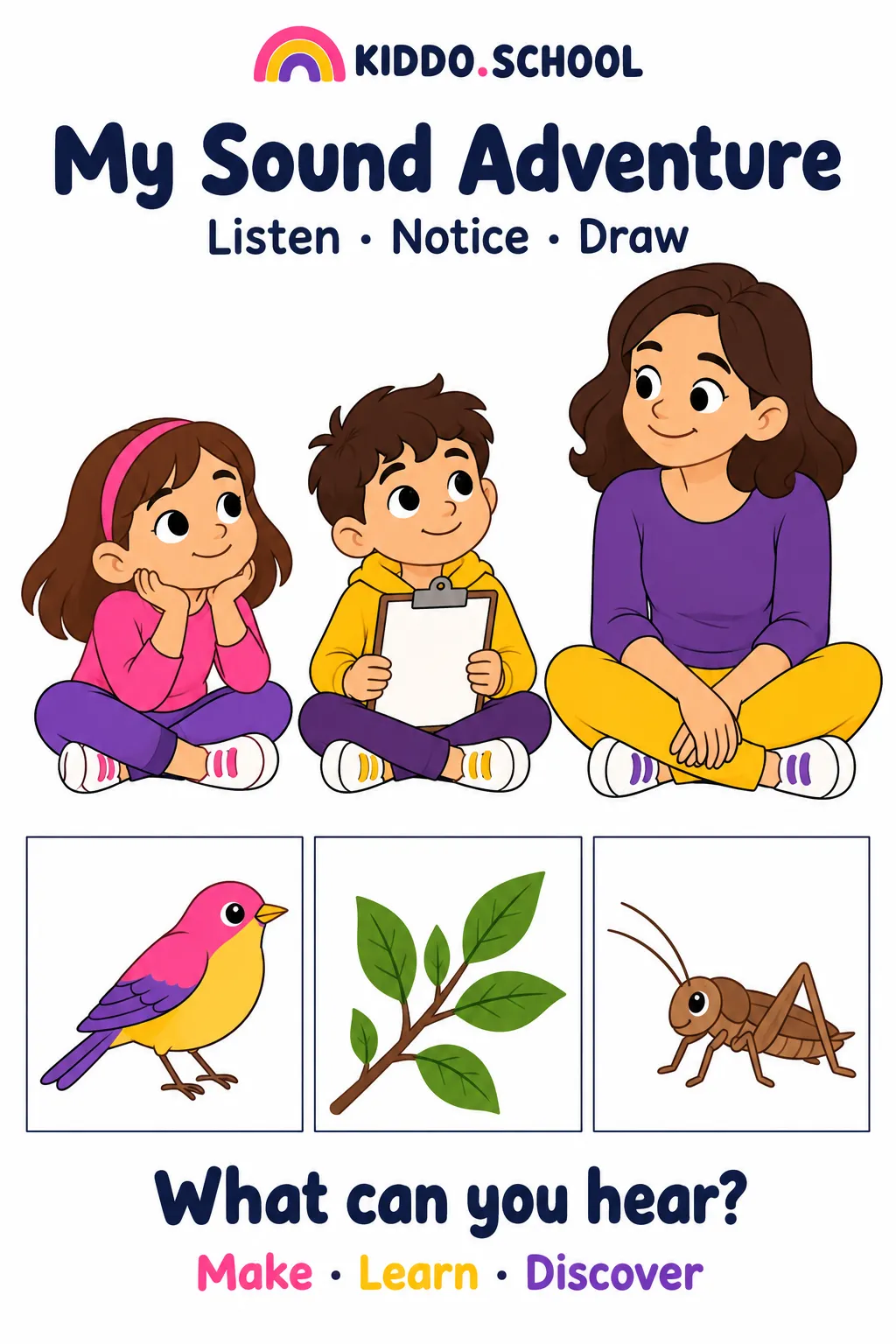 Two children and a grown-up listening together, with bird, leaves and cricket picture examples.