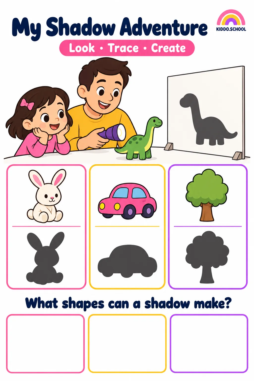 Cartoon shadow guide: a child holds a torch while a toy's long shadow stretches across the wall beside them.