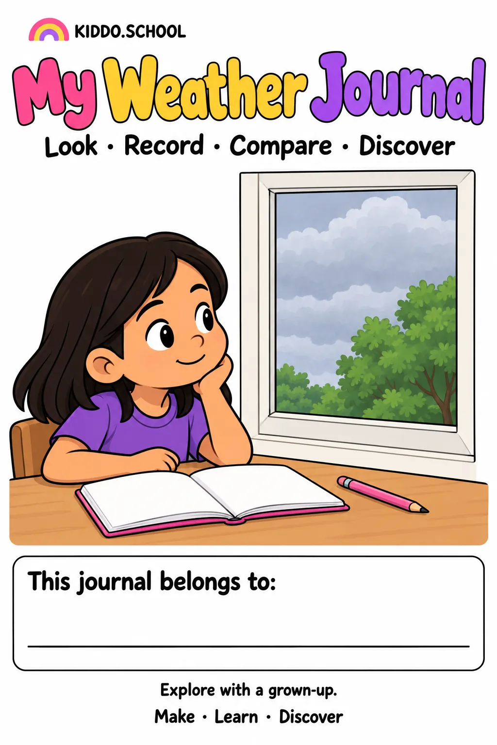 A child drawing in a journal beside a closed window overlooking a cloudy sky.