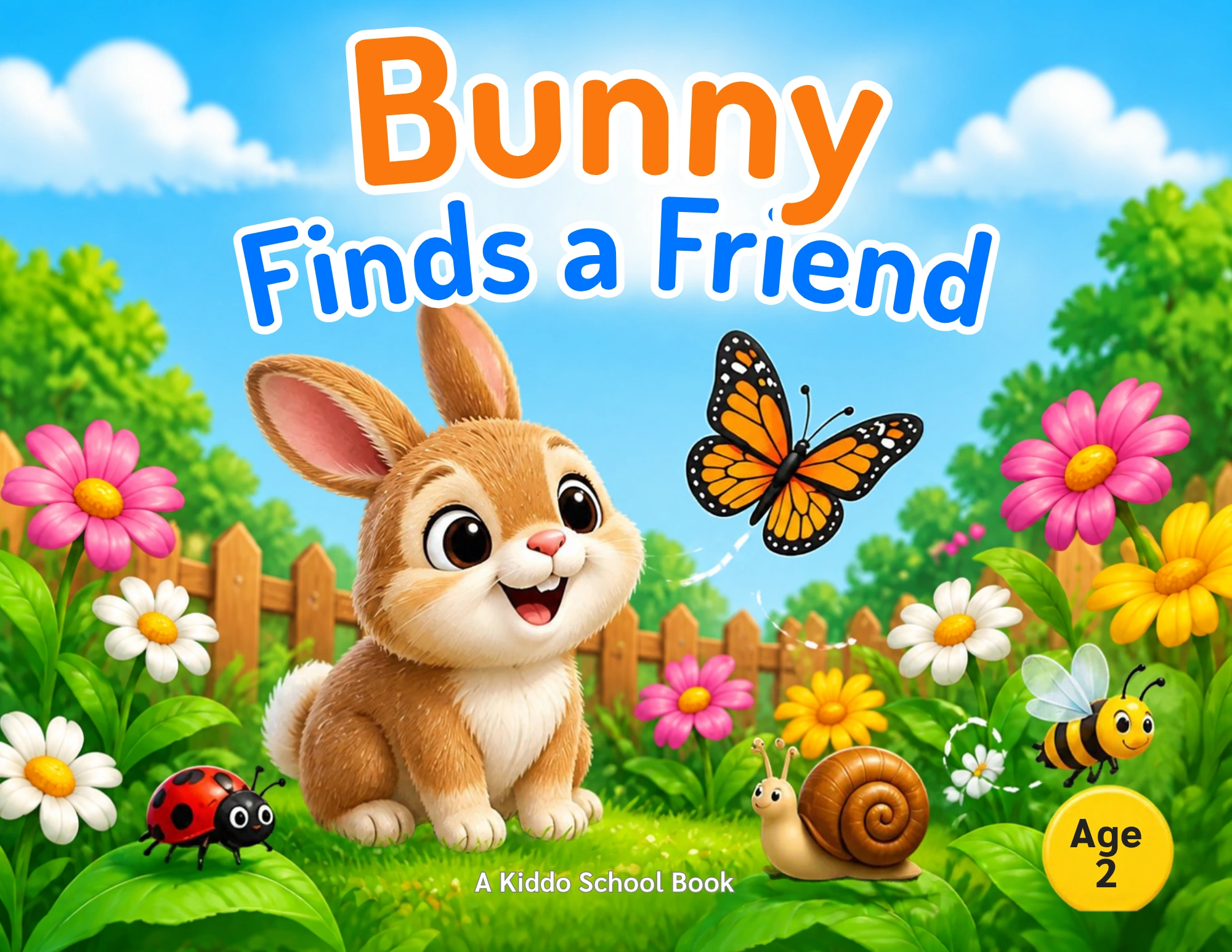 Bunny Finds a Friend book cover: a smiling rabbit in a garden with a butterfly, a bee, a ladybug and a snail