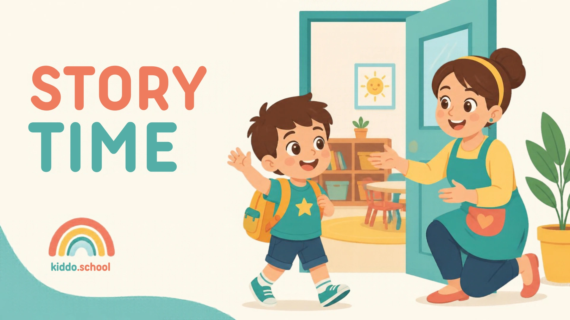 Young child arriving at school with a backpack and greeting the teacher