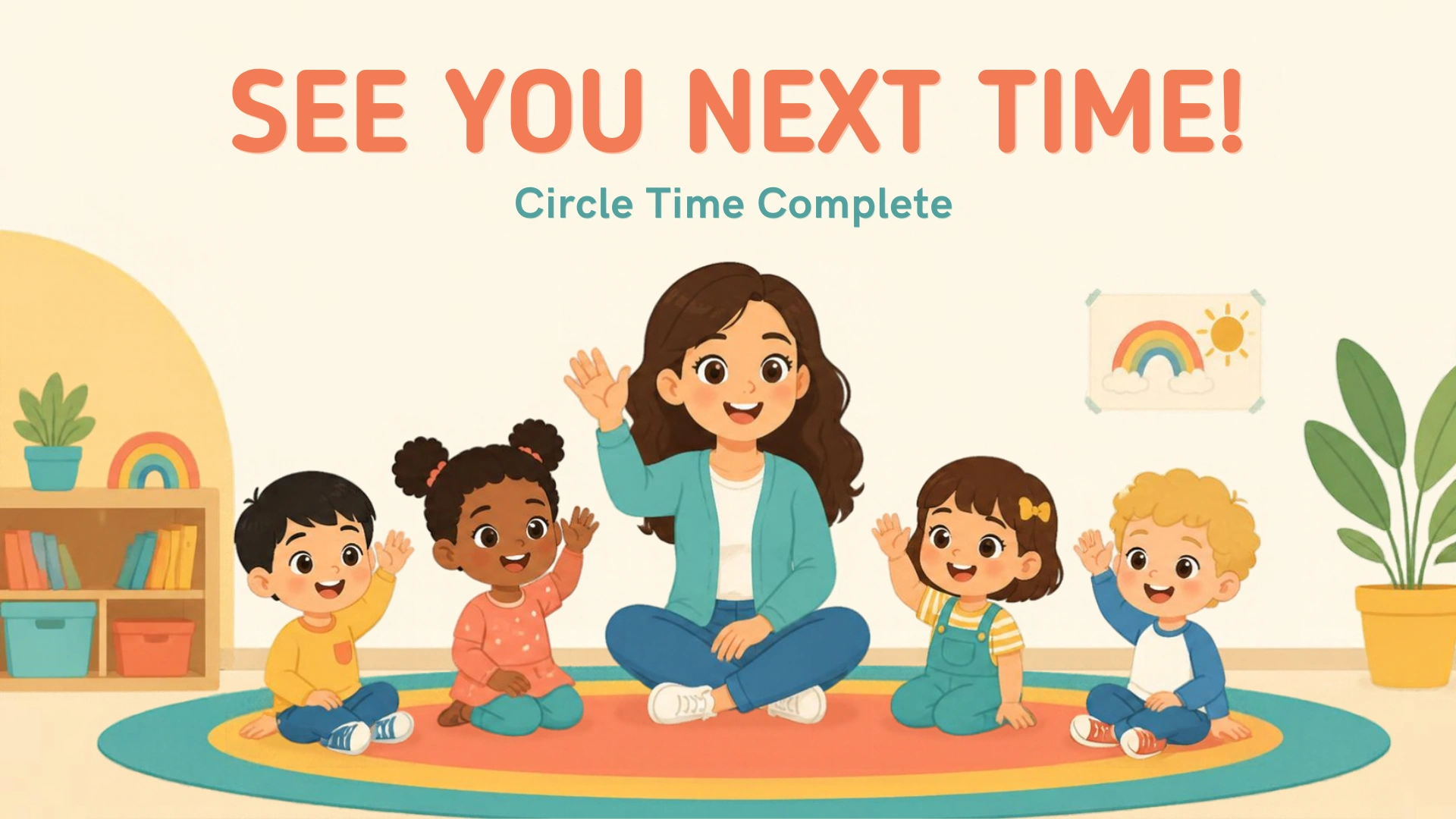 Teacher and children waving goodbye at the end of Circle Time