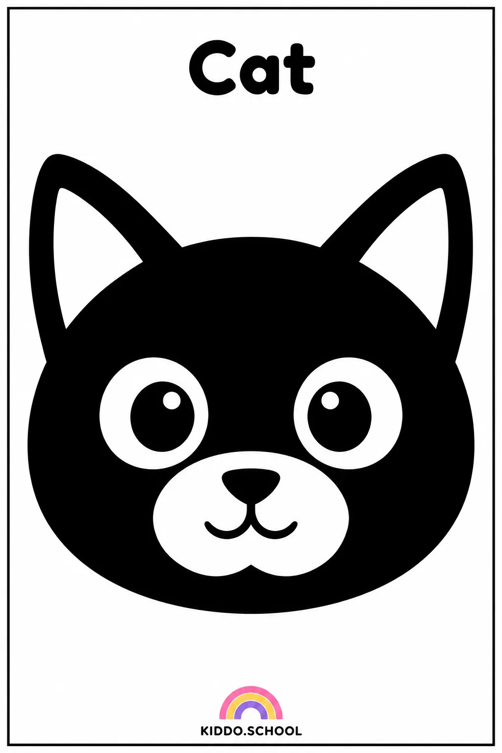 Black and white baby flashcard of a cat face with the word Cat, from Kiddo.school First Discoveries set 01