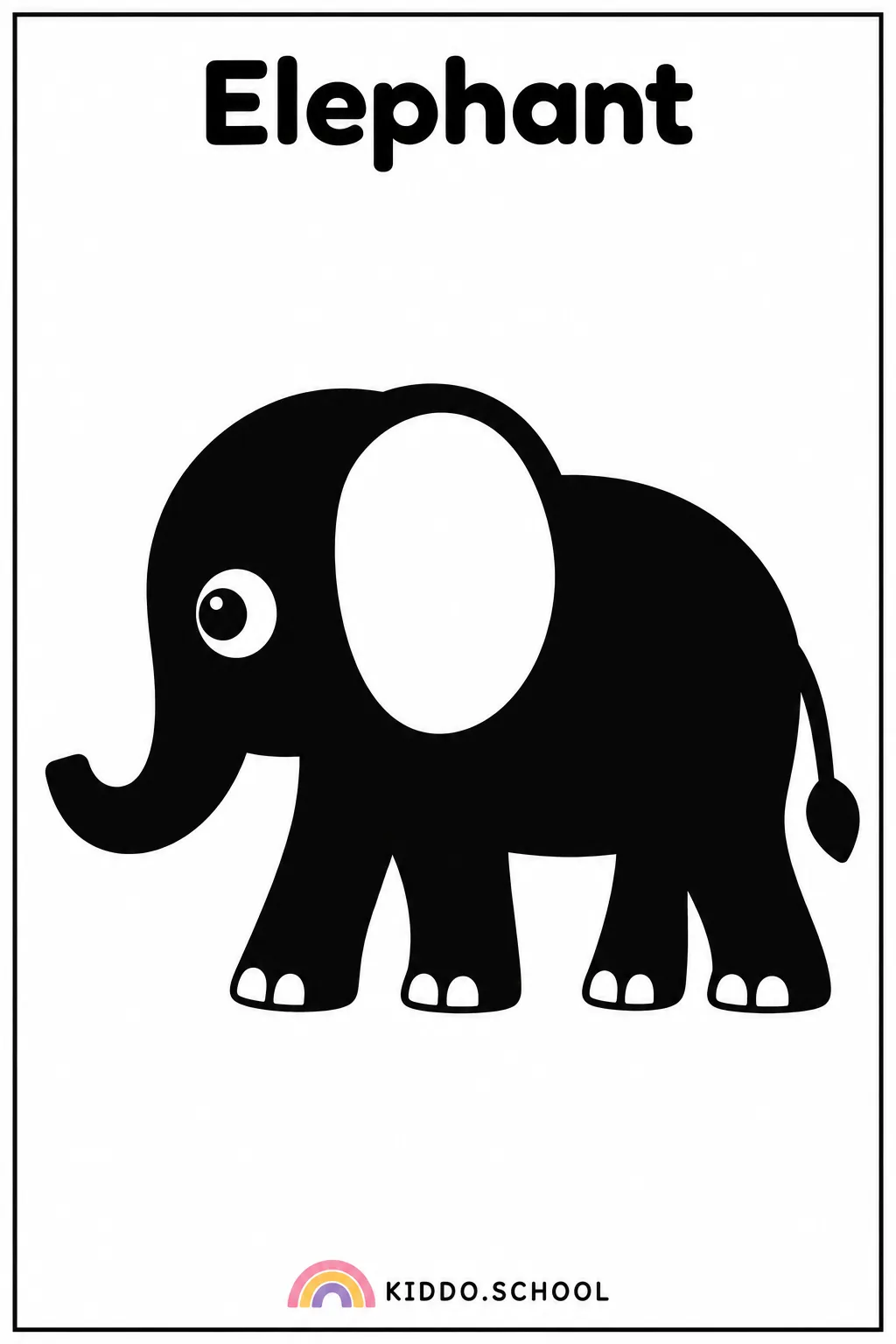Black and white baby flashcard of an elephant with the word Elephant, from Kiddo.school First Discoveries set 01