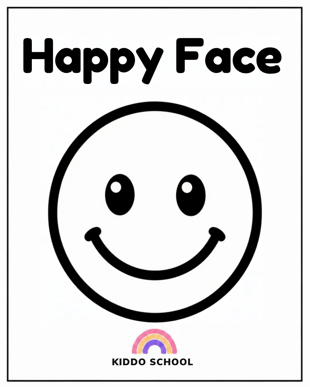 Black and white baby flashcard of a happy smiley face with the words Happy face, from Kiddo.school First Discoveries set 01