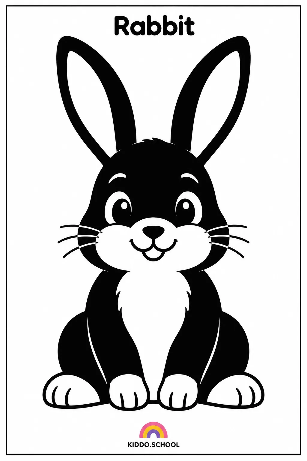 Black and white baby flashcard of a rabbit with the word Rabbit, from Kiddo.school First Discoveries set 01