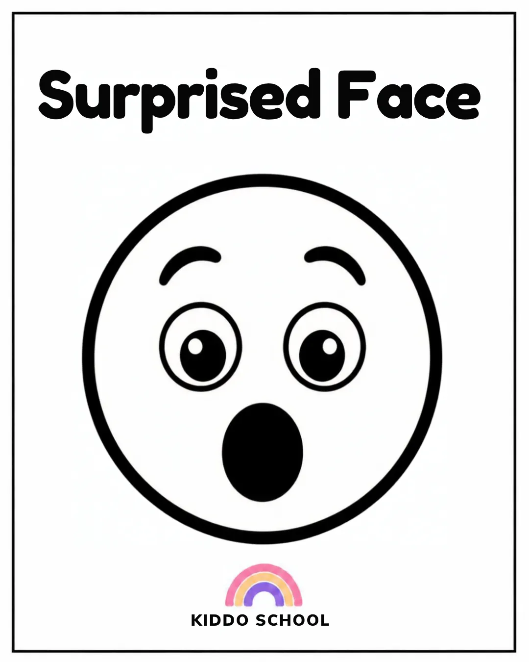 Black and white baby flashcard of a surprised face with the words Surprised face, from Kiddo.school First Discoveries set 01