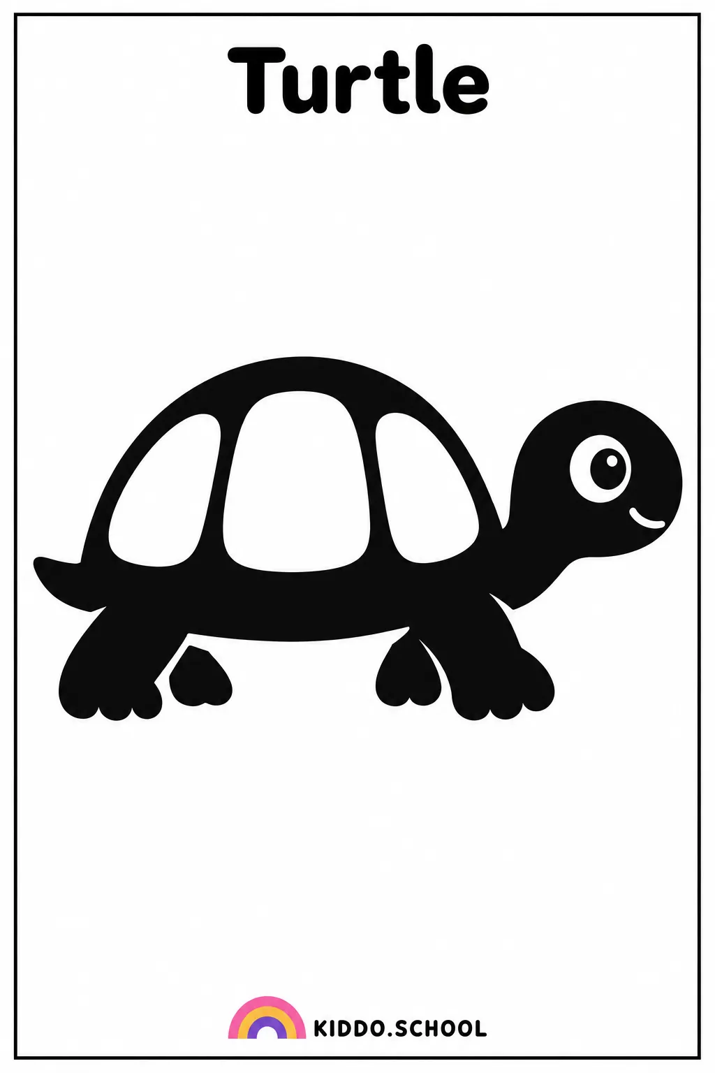 Black and white baby flashcard of a turtle with the word Turtle, from Kiddo.school First Discoveries set 01