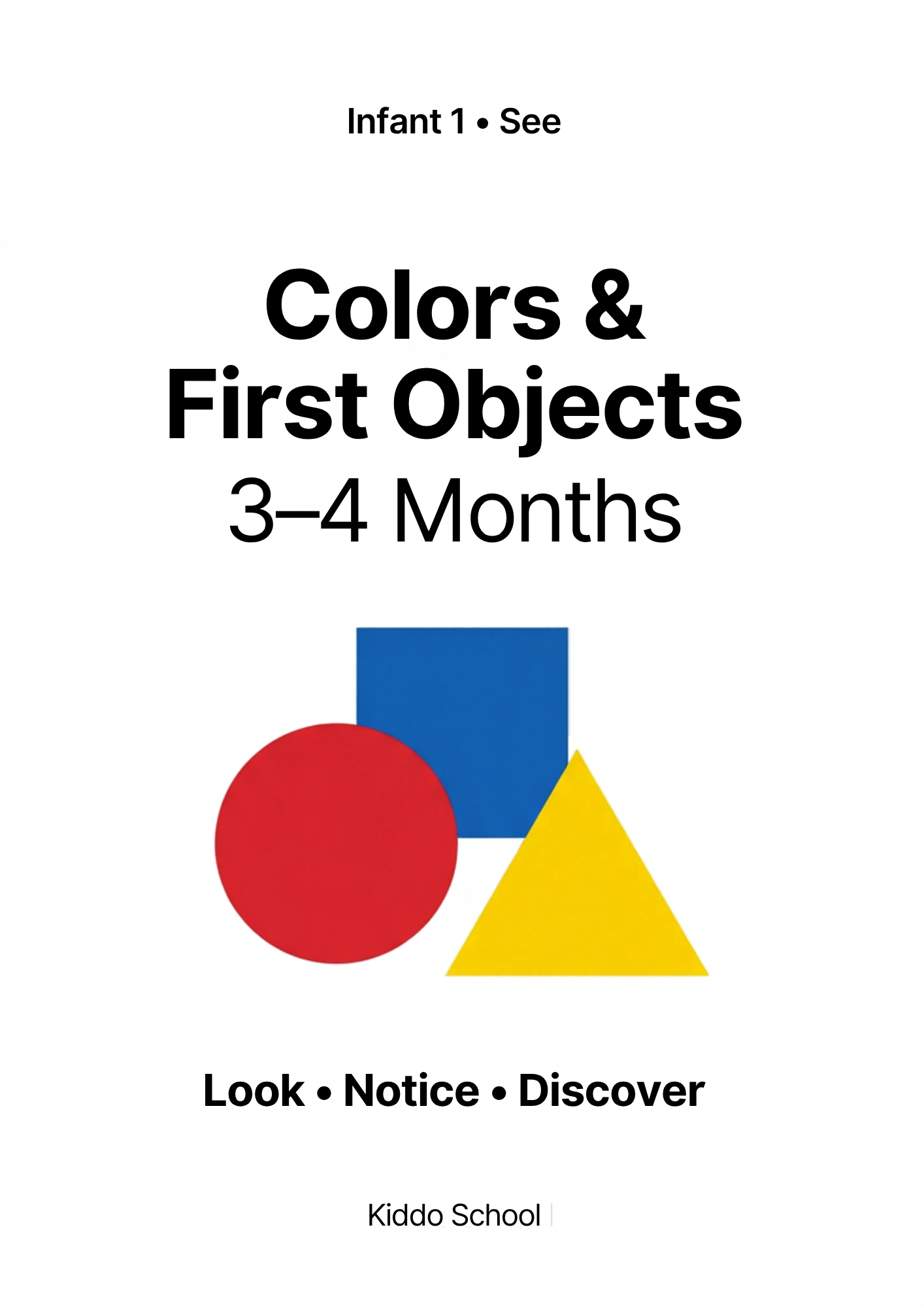 Cover of the Colors & First Objects flashcards set for babies 3–4 months, with bold red, yellow and blue circles