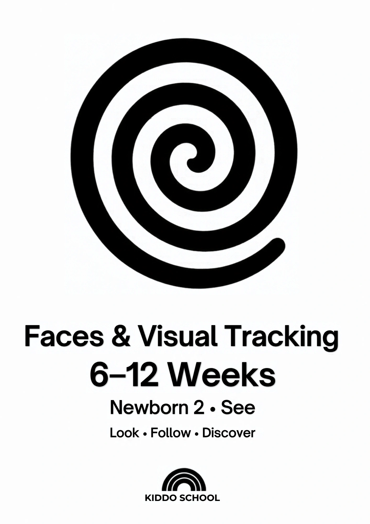 Cover of the Faces & Visual Tracking flashcards set for babies 6–12 weeks, with a bold spiral pattern card