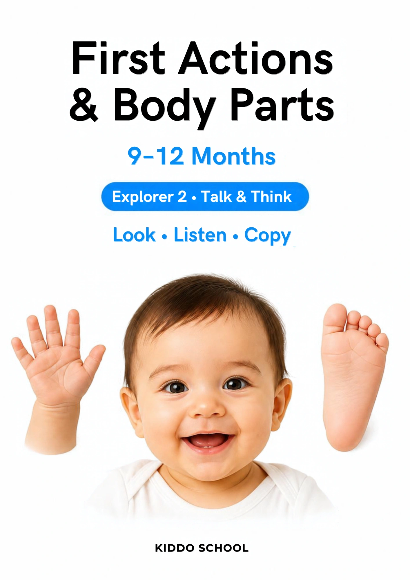 Cover of the First Actions & Body Parts flashcards set for babies 9–12 months, with an open hand card