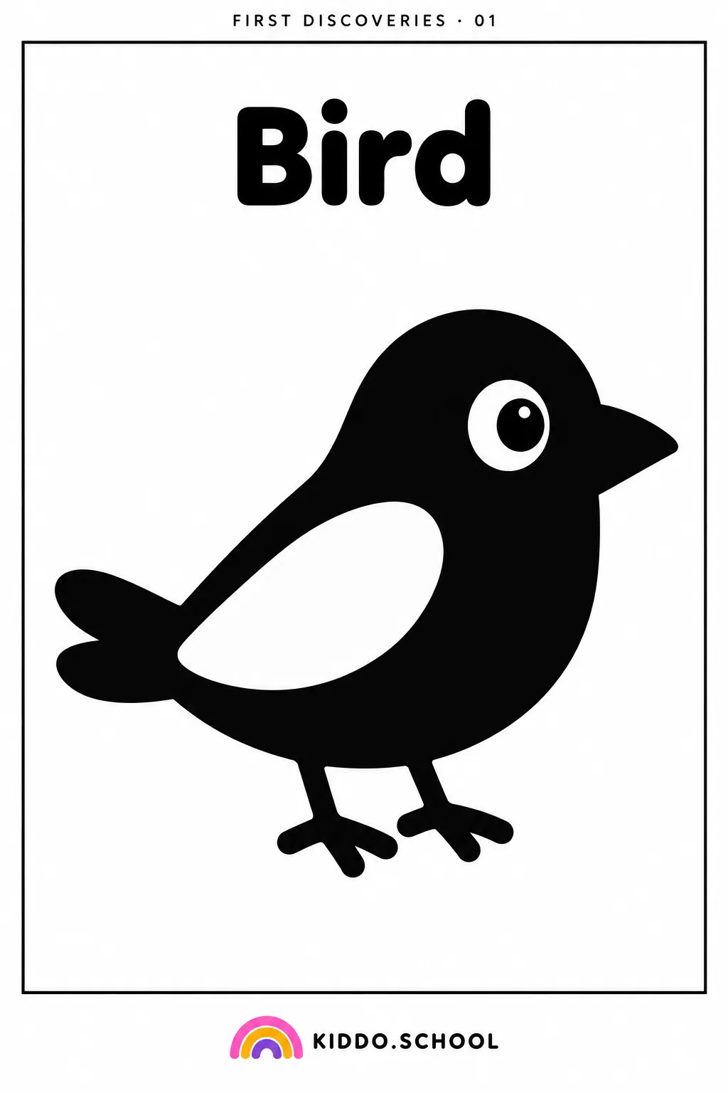 Black and white baby flashcard of a bird with the word Bird, from Kiddo.school First Discoveries set 01