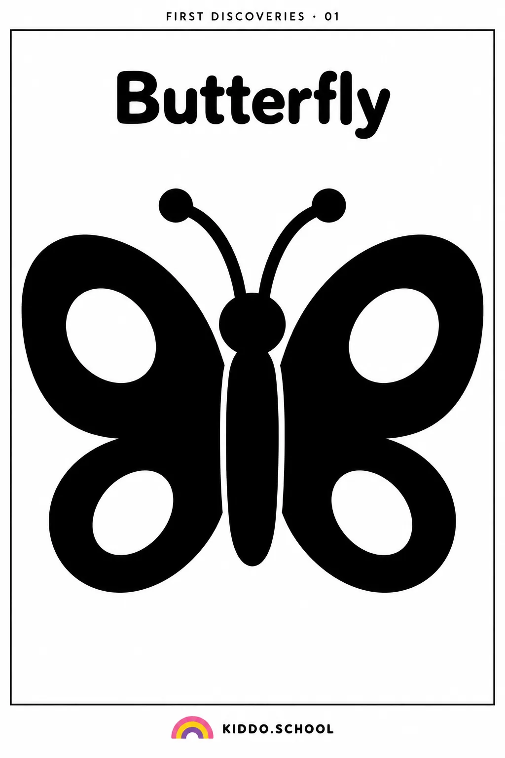 Black and white baby flashcard of a butterfly with the word Butterfly, from Kiddo.school First Discoveries set 01