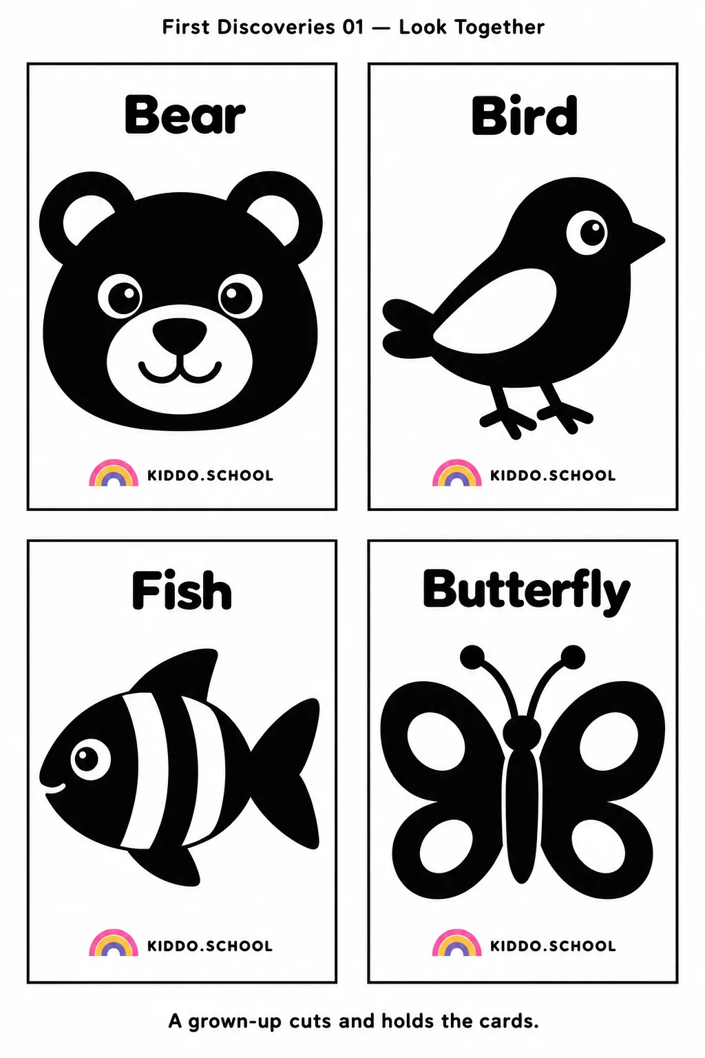 Cover of the Black and White Baby Cards set: the First Discoveries 01 look-together sheet showing four black and white baby cards — bear, bird, fish and butterfly