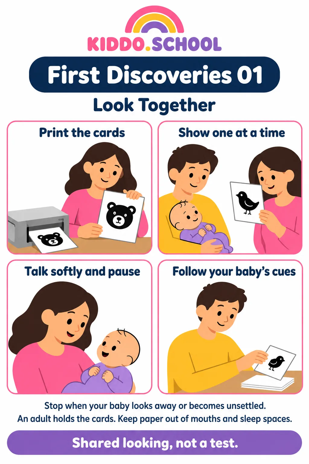 Printable one-page parents guide for the black and white baby cards: print the cards, show one at a time, talk softly and pause, follow your baby’s cues