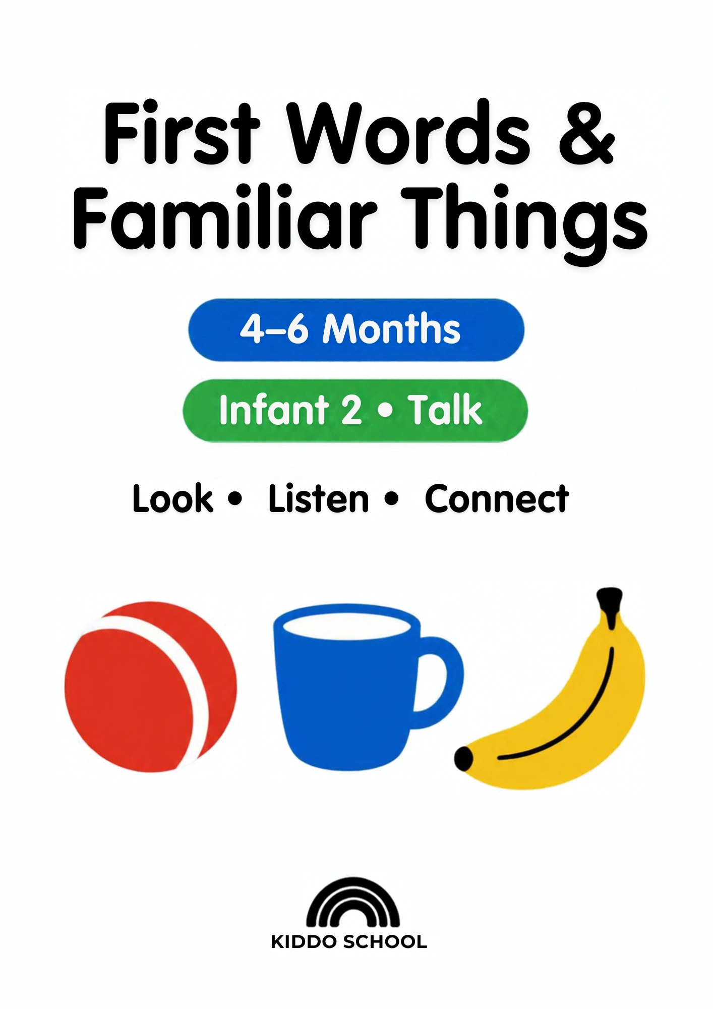 Cover of the First Words & Familiar Things flashcards set for babies 4–6 months, with a bright ball card