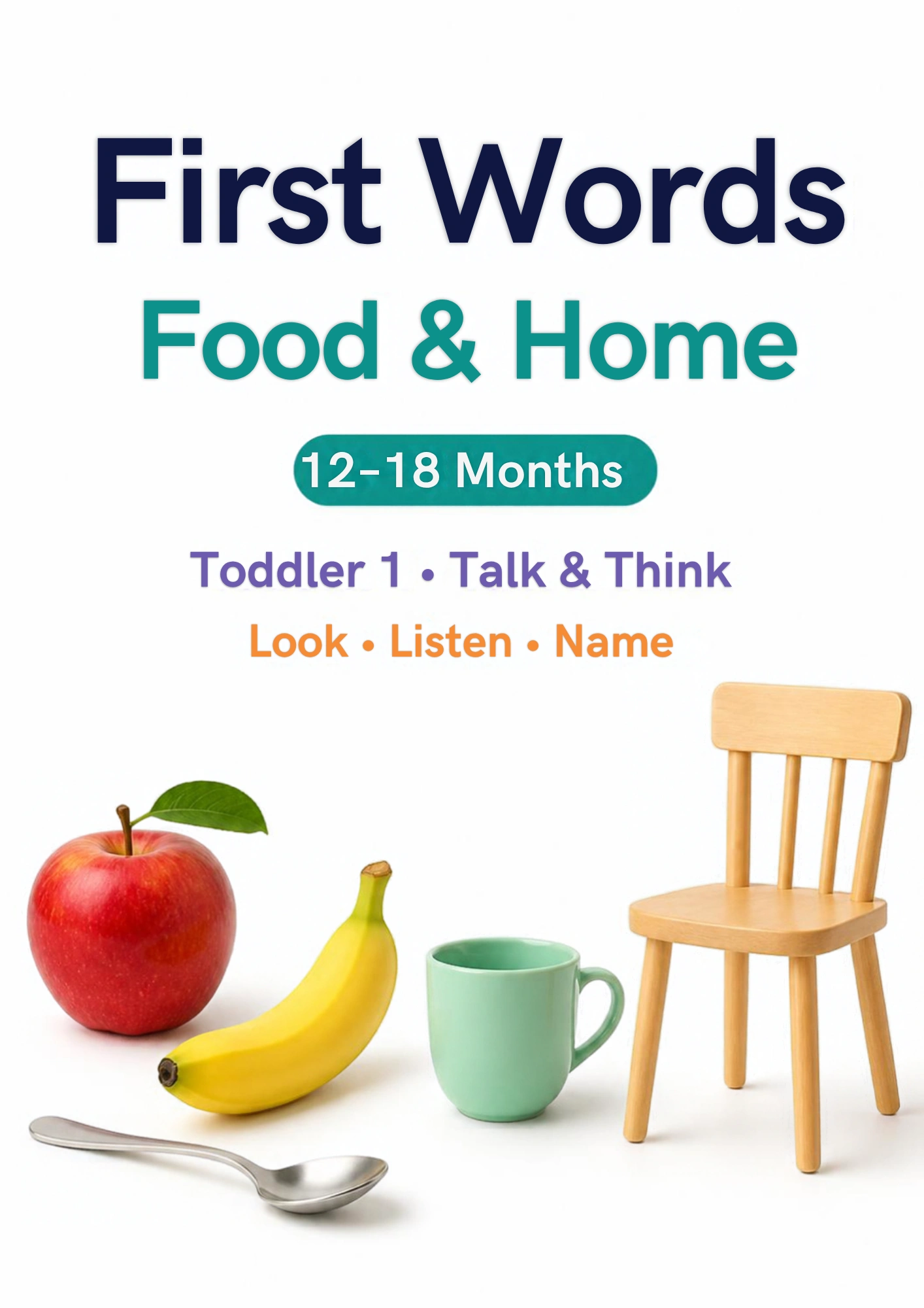 Cover of the First Words: Food & Home flashcards set for toddlers 12–18 months, with a red apple card