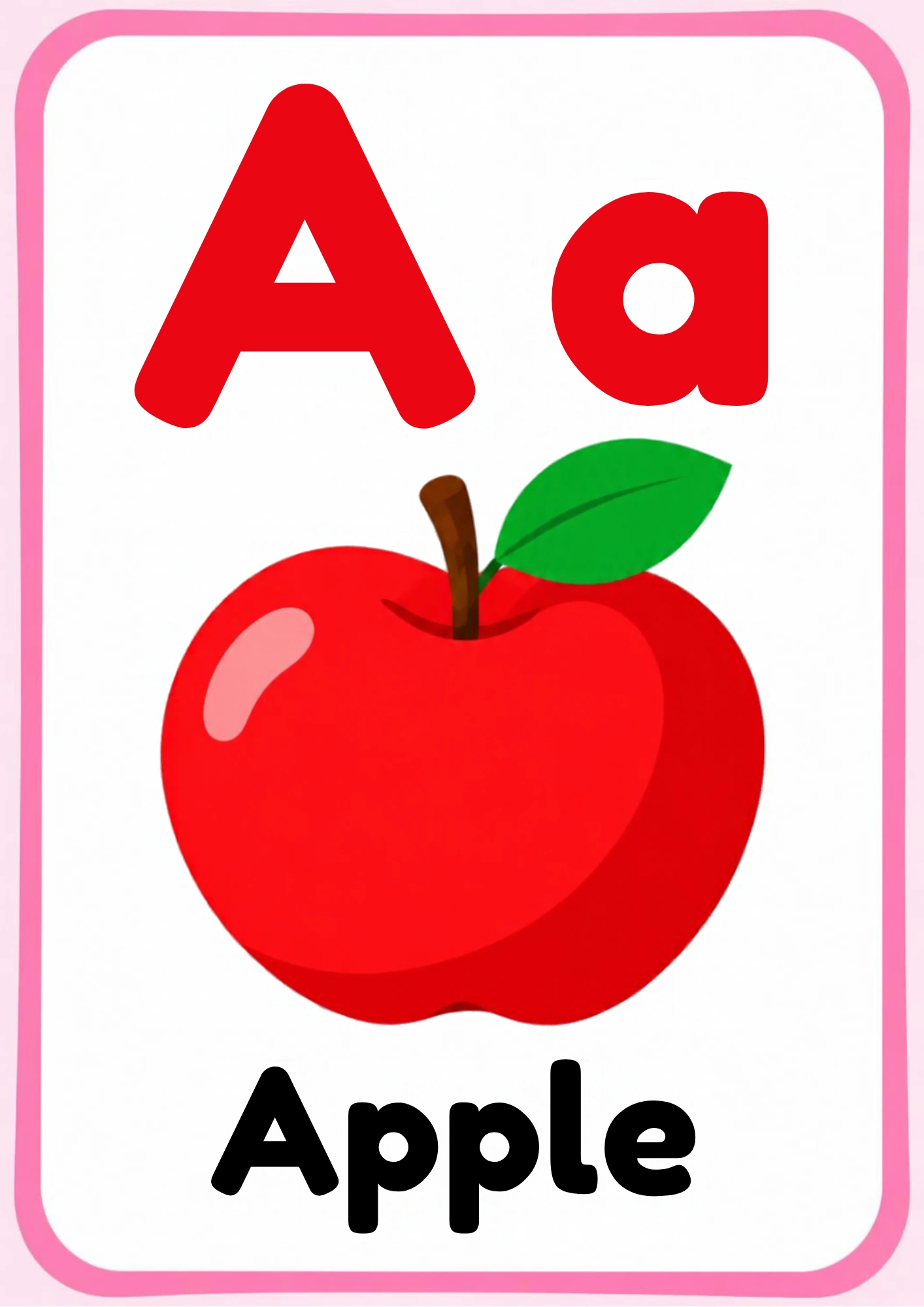Alphabet flashcard for the letter A: big uppercase A and lowercase a, a shiny cartoon apple and the word Apple, from the Kiddo School alphabet set