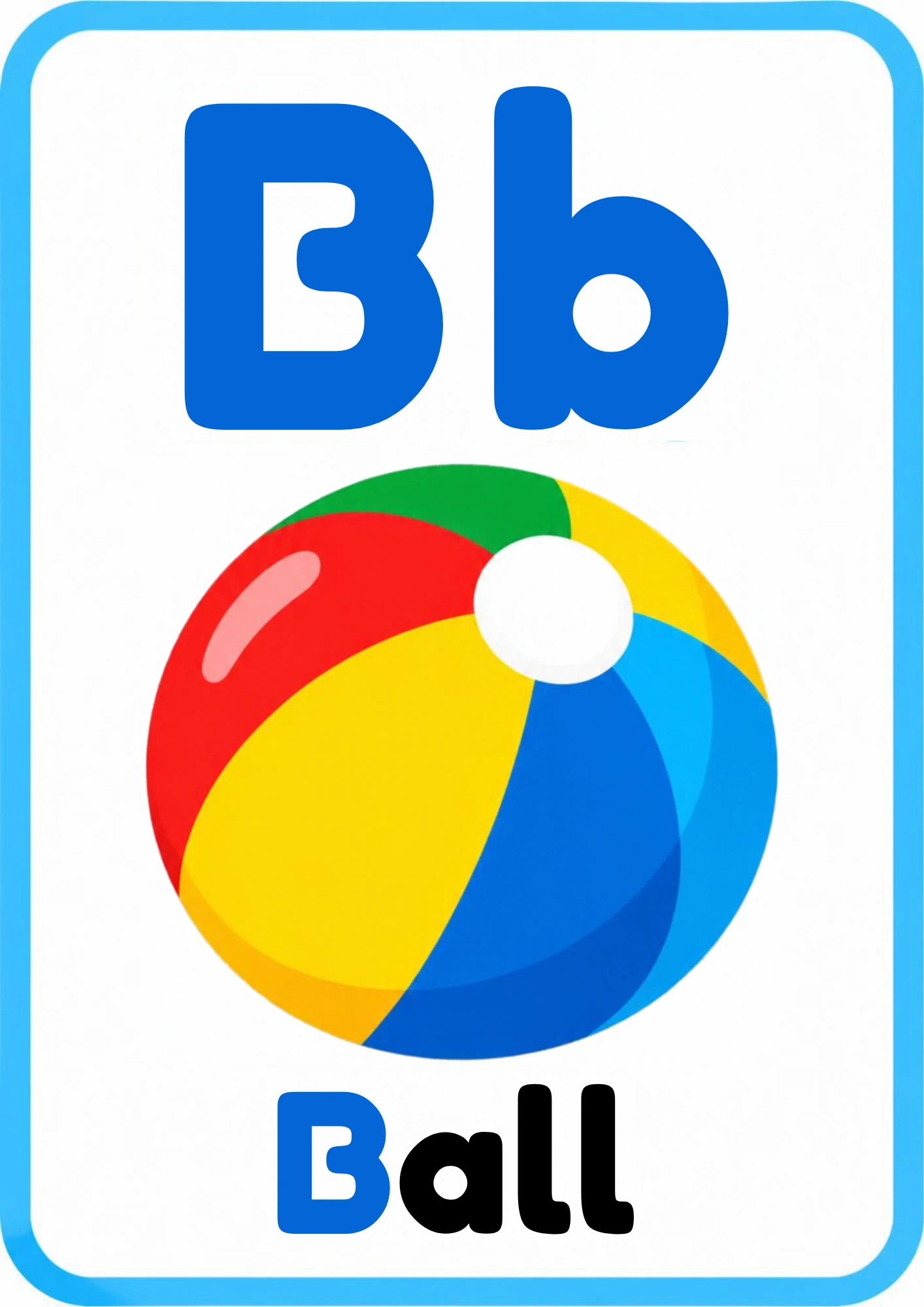 Alphabet flashcard for the letter B: big uppercase B and lowercase b, a cartoon ball and the word Ball, from the Kiddo School alphabet set