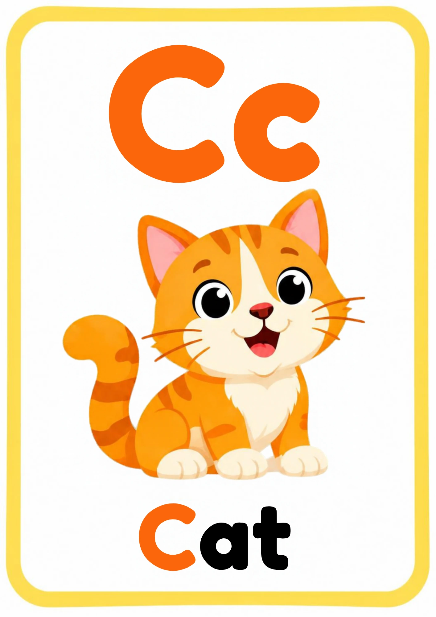 Alphabet flashcard for the letter C: big uppercase C and lowercase c, a cartoon cat and the word Cat, from the Kiddo School alphabet set