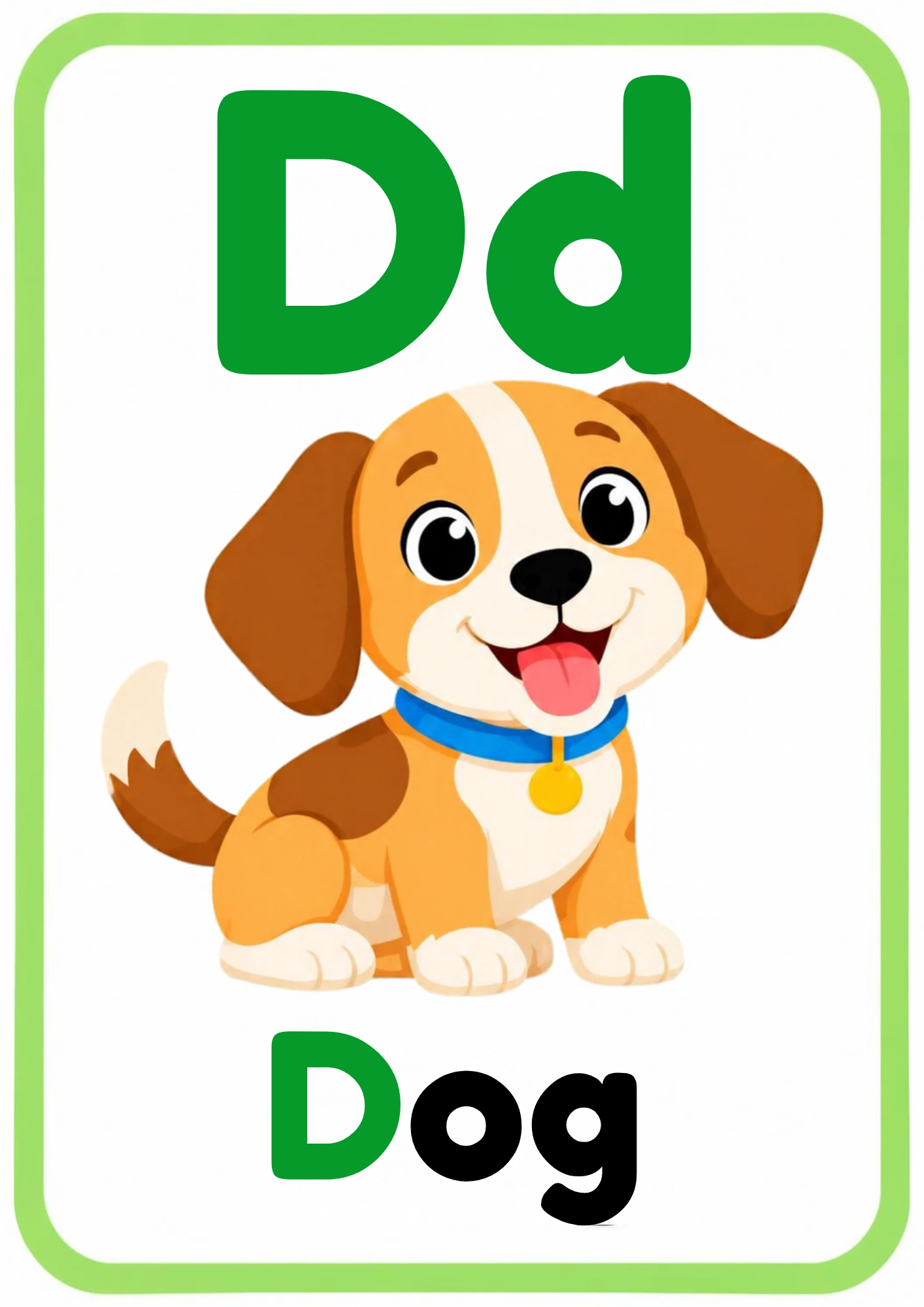 Alphabet flashcard for the letter D: big uppercase D and lowercase d, a cartoon dog and the word Dog, from the Kiddo School alphabet set