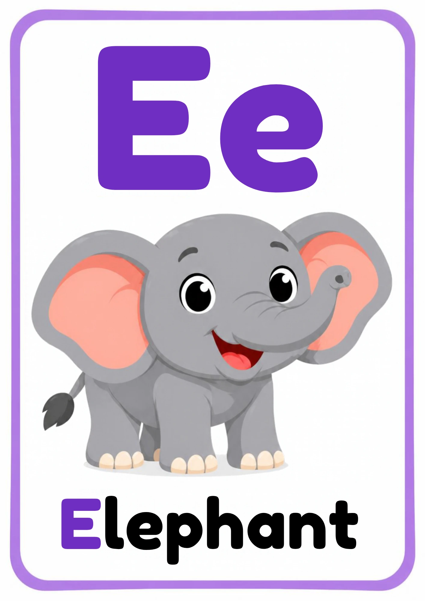 Alphabet flashcard for the letter E: big uppercase E and lowercase e, a cartoon elephant and the word Elephant, from the Kiddo School alphabet set