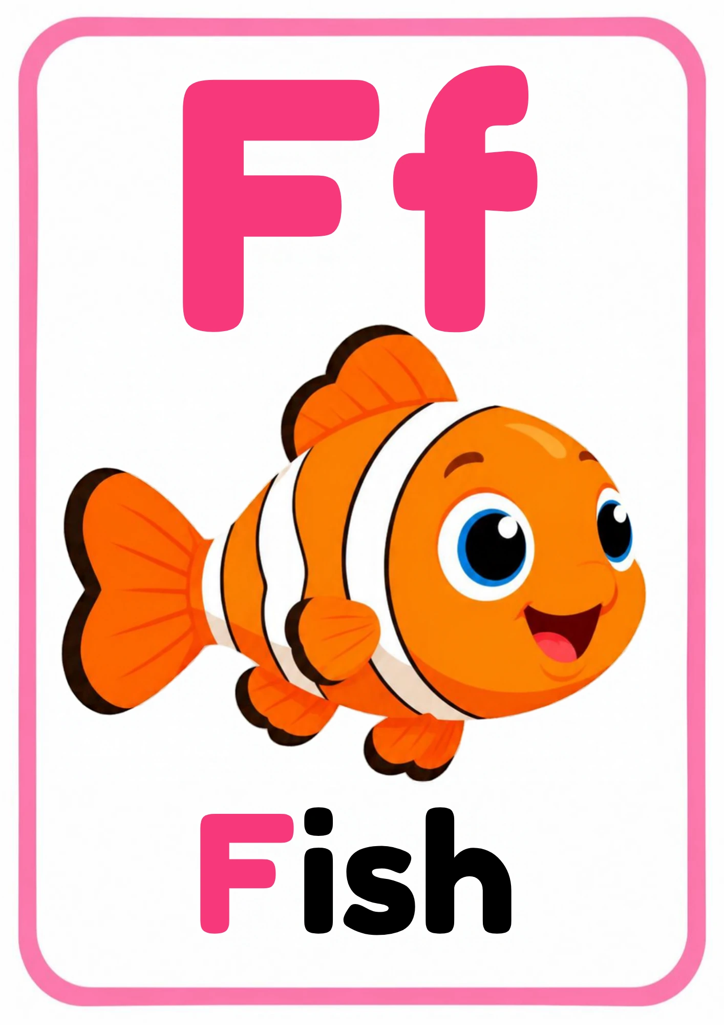 Alphabet flashcard for the letter F: big uppercase F and lowercase f, a cartoon fish and the word Fish, from the Kiddo School alphabet set