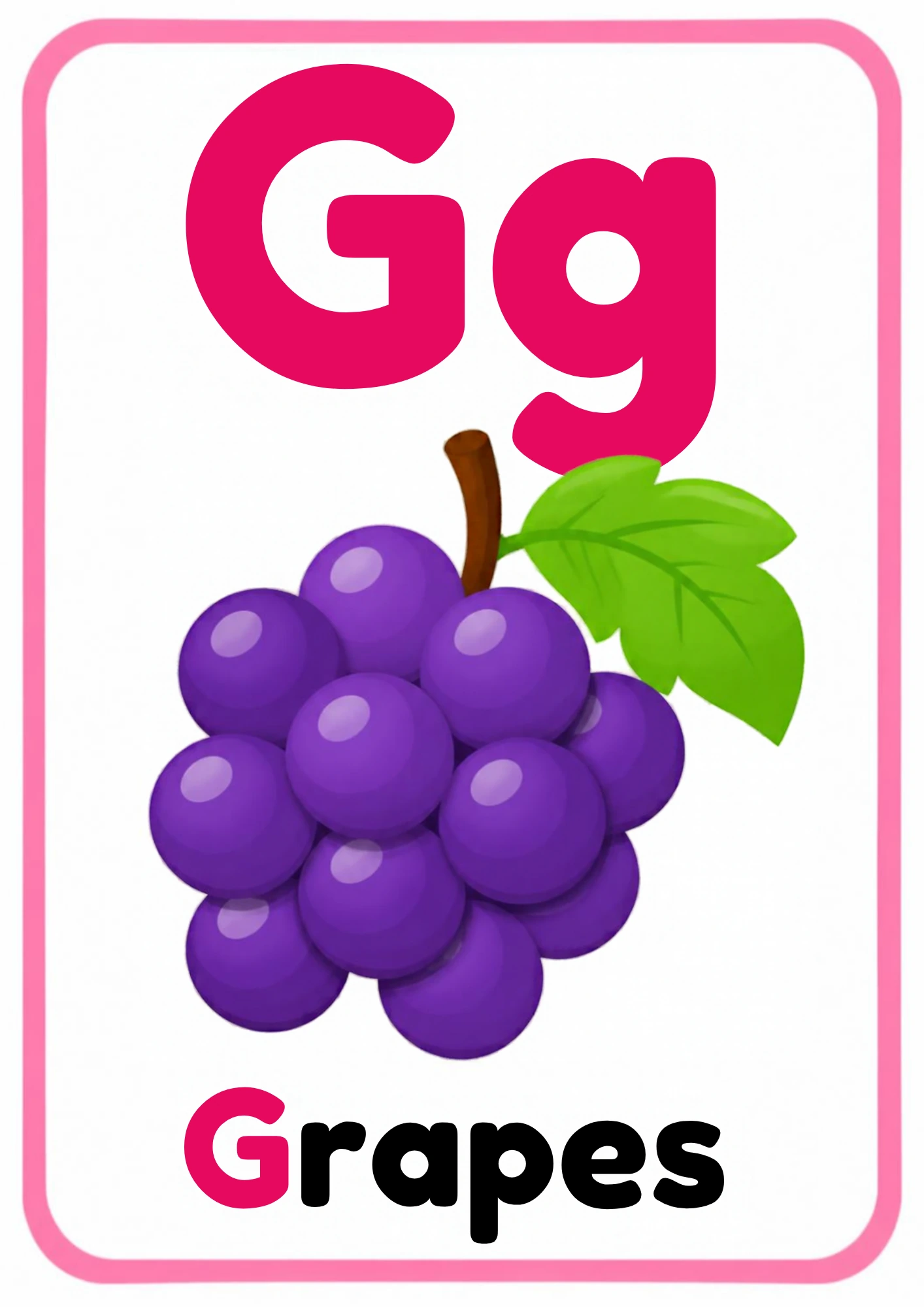 Alphabet flashcard for the letter G: big uppercase G and lowercase g, a bunch of cartoon grapes and the word Grapes, from the Kiddo School alphabet set