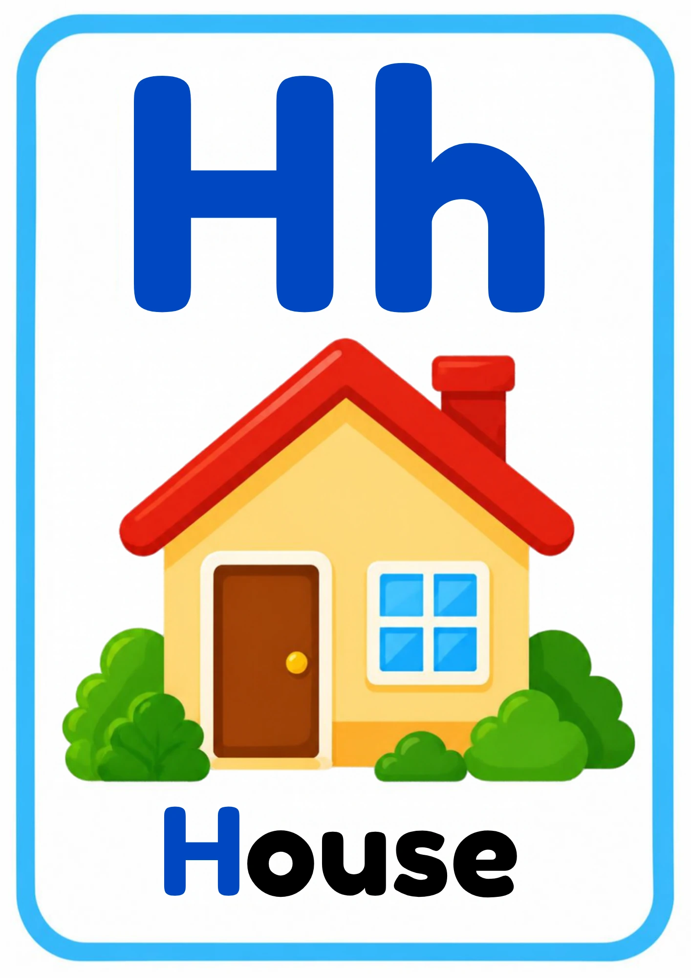 Alphabet flashcard for the letter H: big uppercase H and lowercase h, a cartoon house and the word House, from the Kiddo School alphabet set
