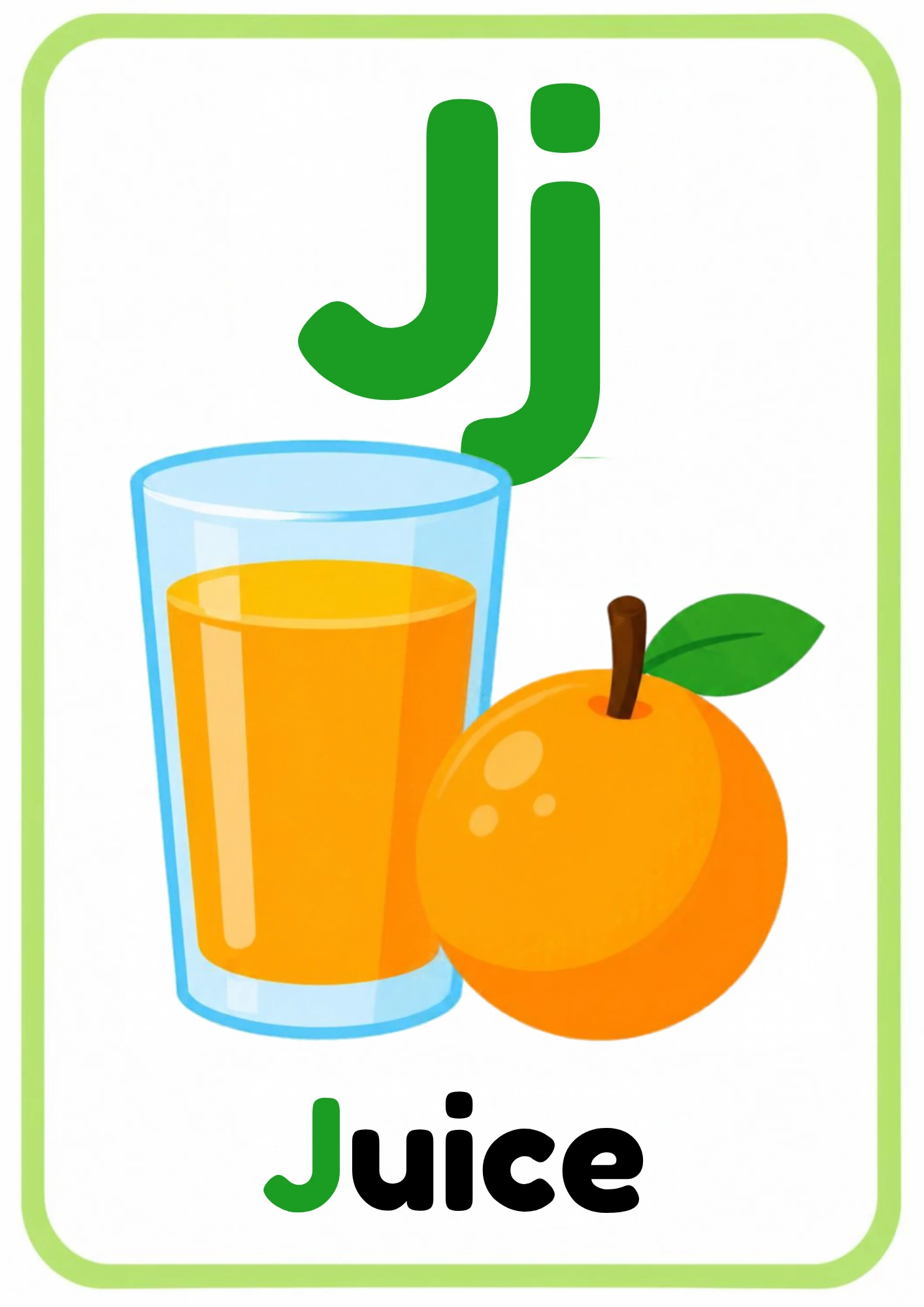 Alphabet flashcard for the letter J: big uppercase J and lowercase j, a cartoon juice box and the word Juice, from the Kiddo School alphabet set