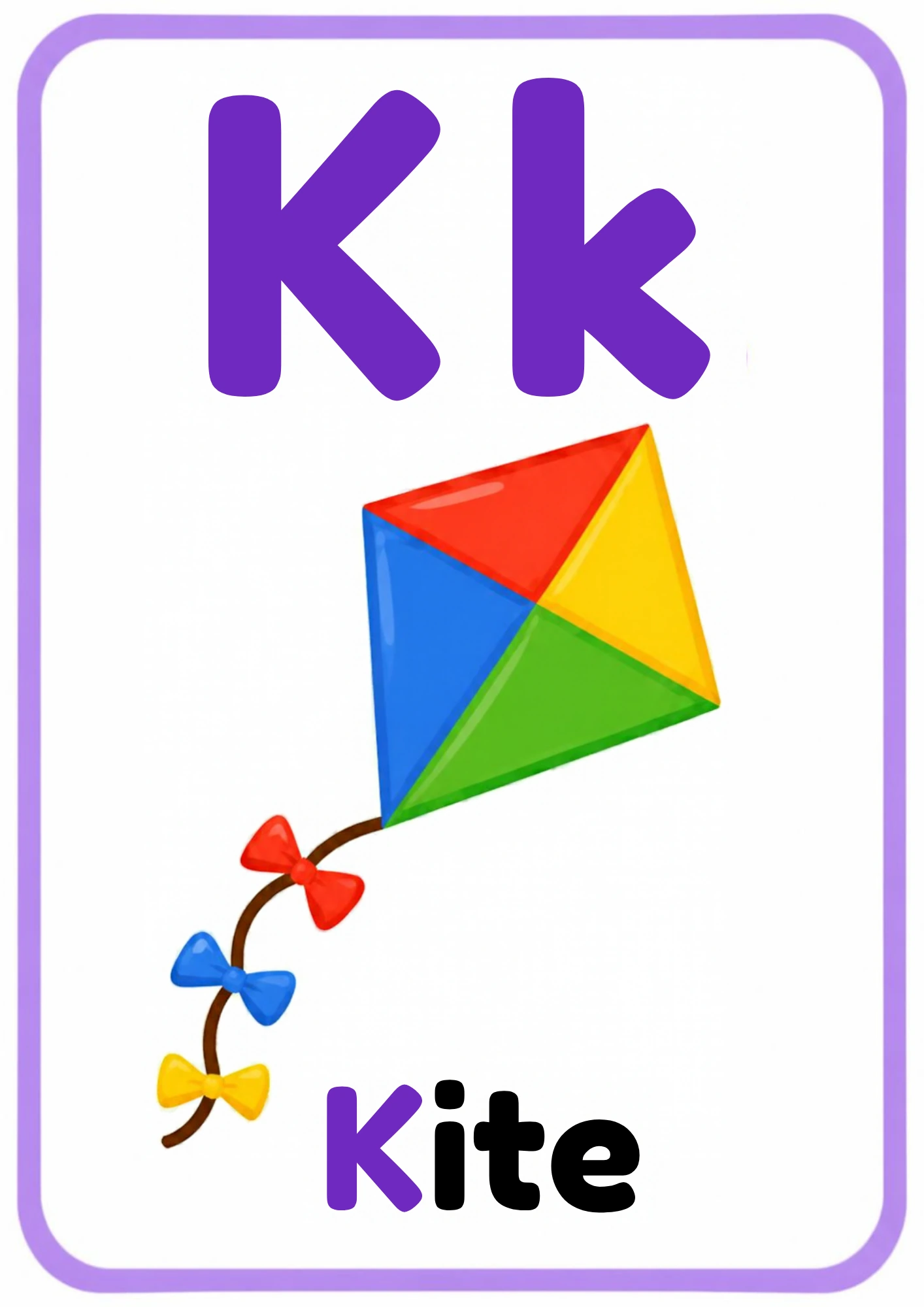 Alphabet flashcard for the letter K: big uppercase K and lowercase k, a cartoon kite and the word Kite, from the Kiddo School alphabet set