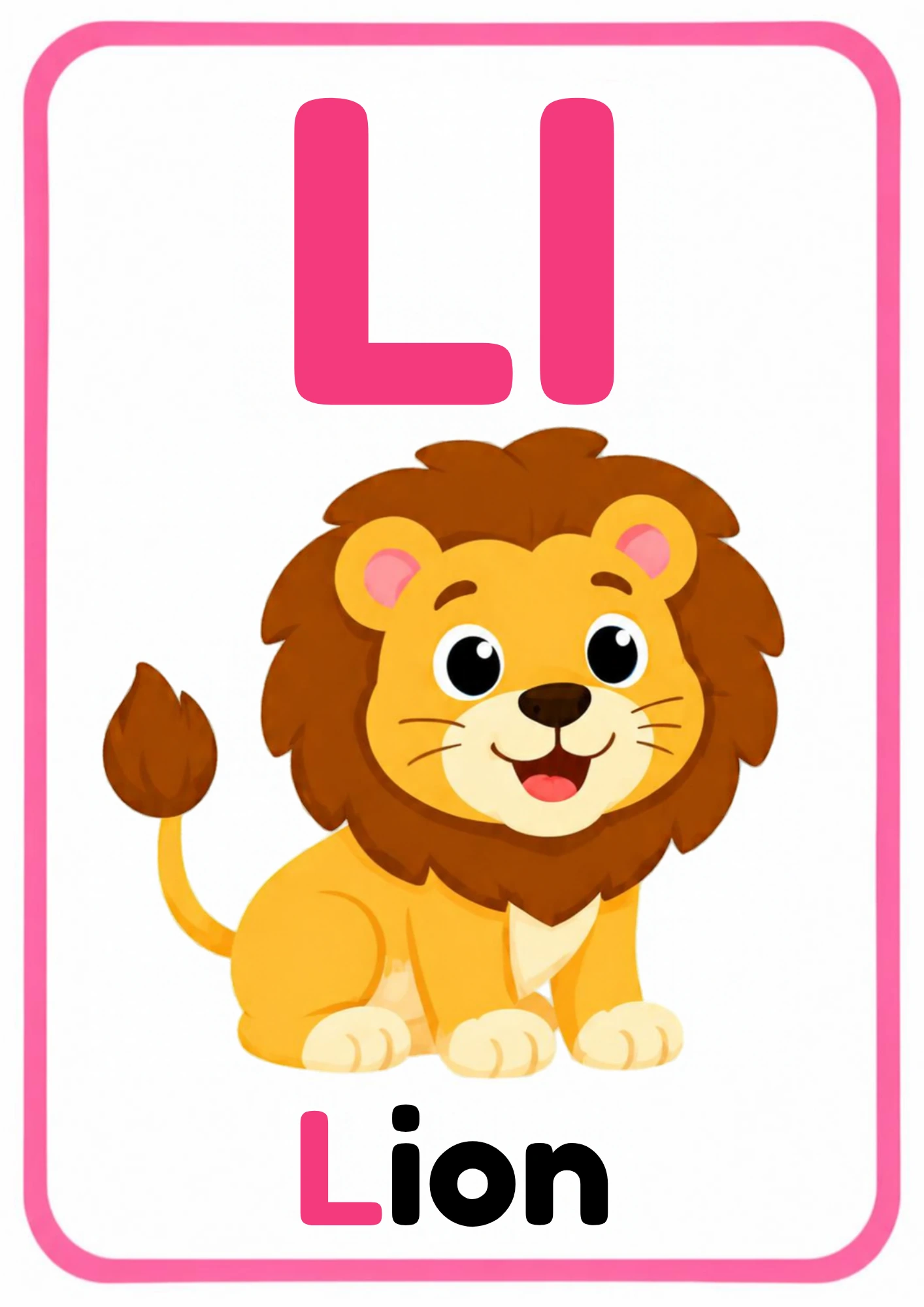 Alphabet flashcard for the letter L: big uppercase L and lowercase l, a cartoon lion and the word Lion, from the Kiddo School alphabet set