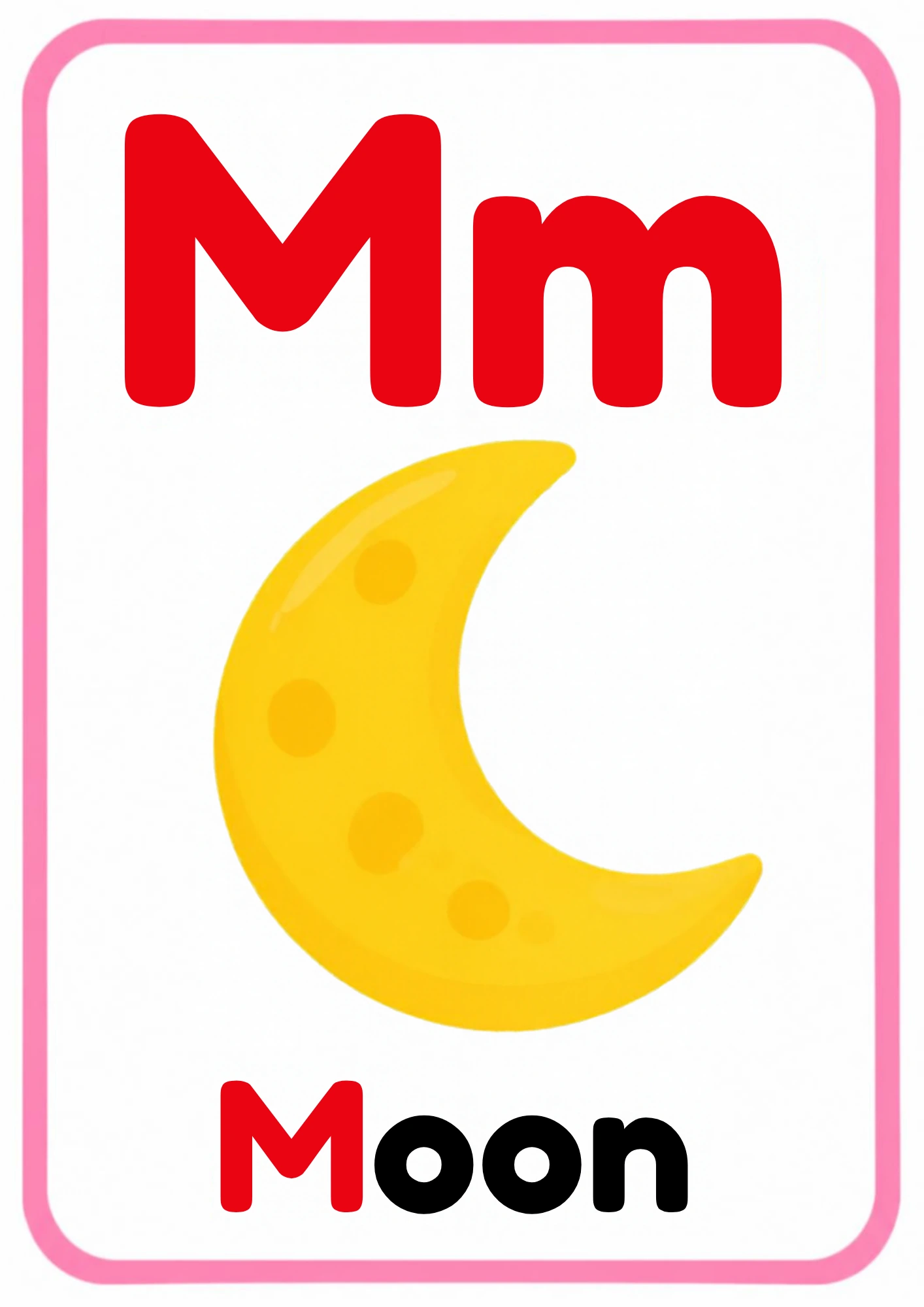 Alphabet flashcard for the letter M: big uppercase M and lowercase m, a cartoon moon and the word Moon, from the Kiddo School alphabet set