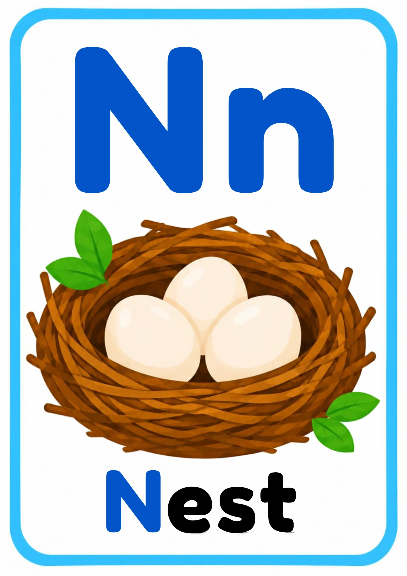 Alphabet flashcard for the letter N: big uppercase N and lowercase n, a cartoon nest and the word Nest, from the Kiddo School alphabet set