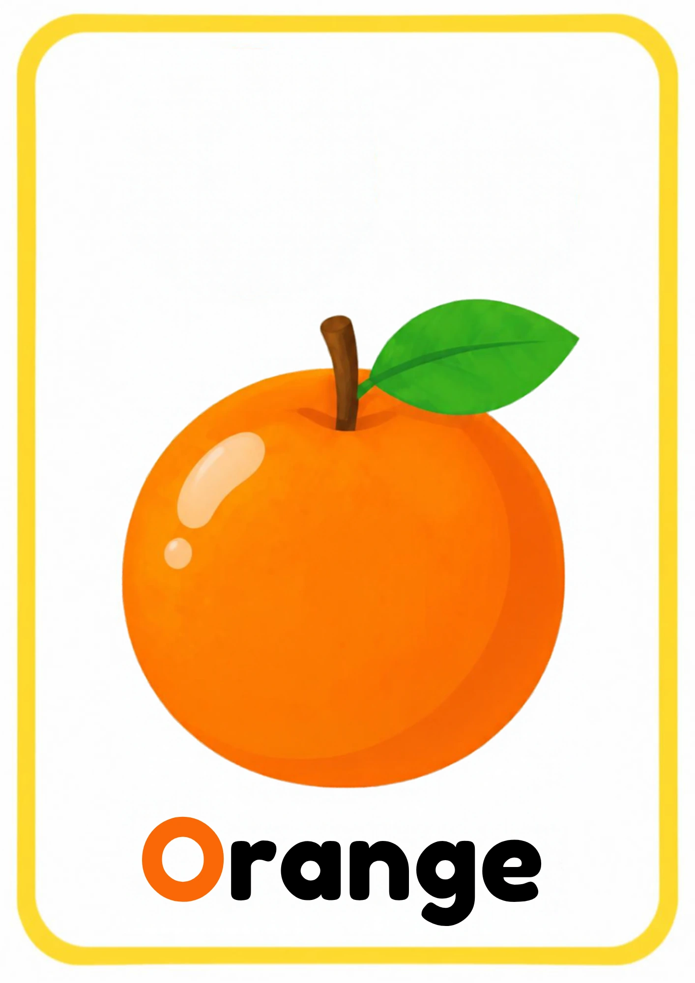 Alphabet flashcard for the letter O: big uppercase O and lowercase o, a cartoon orange and the word Orange, from the Kiddo School alphabet set