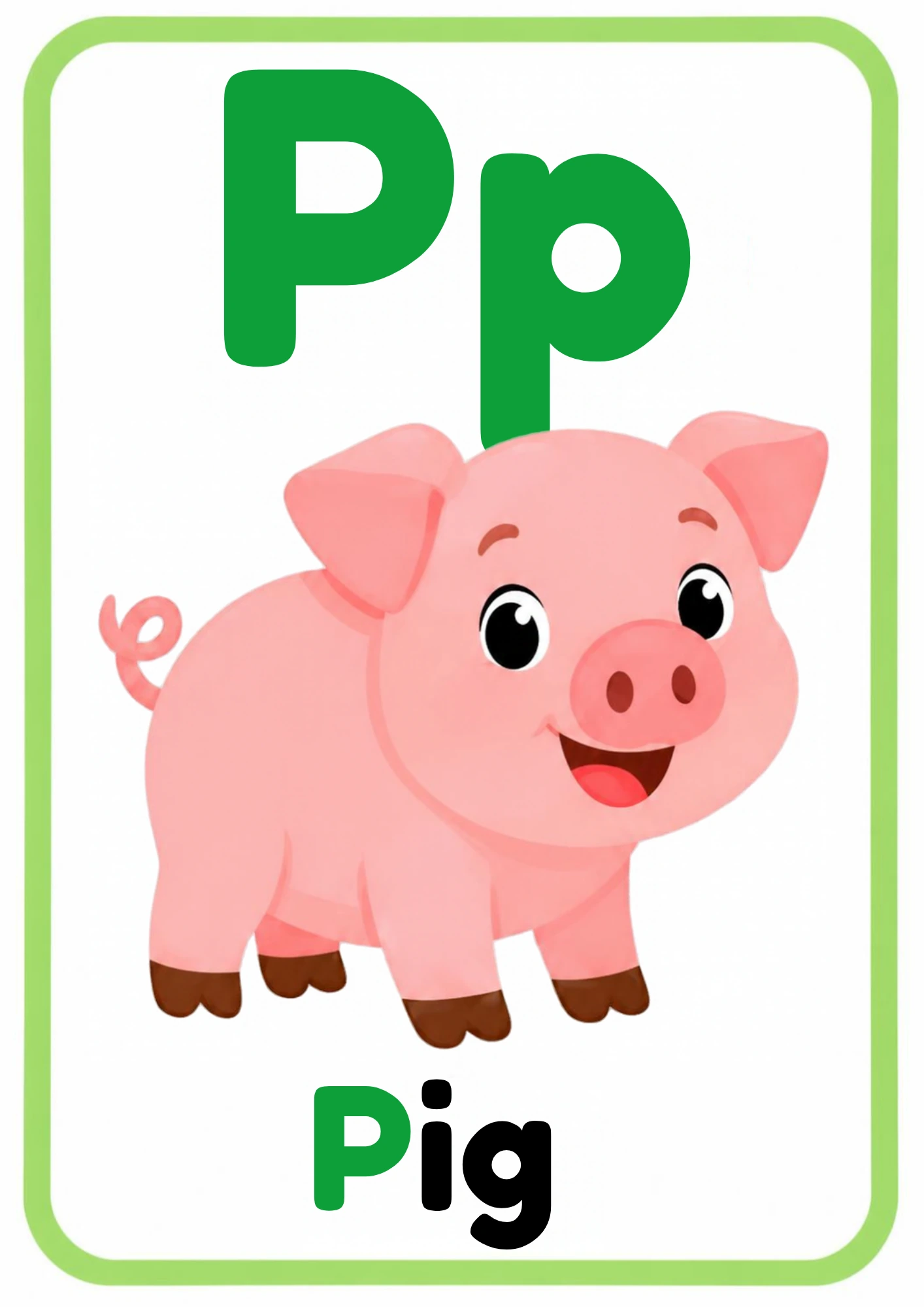 Alphabet flashcard for the letter P: big uppercase P and lowercase p, a cartoon pig and the word Pig, from the Kiddo School alphabet set