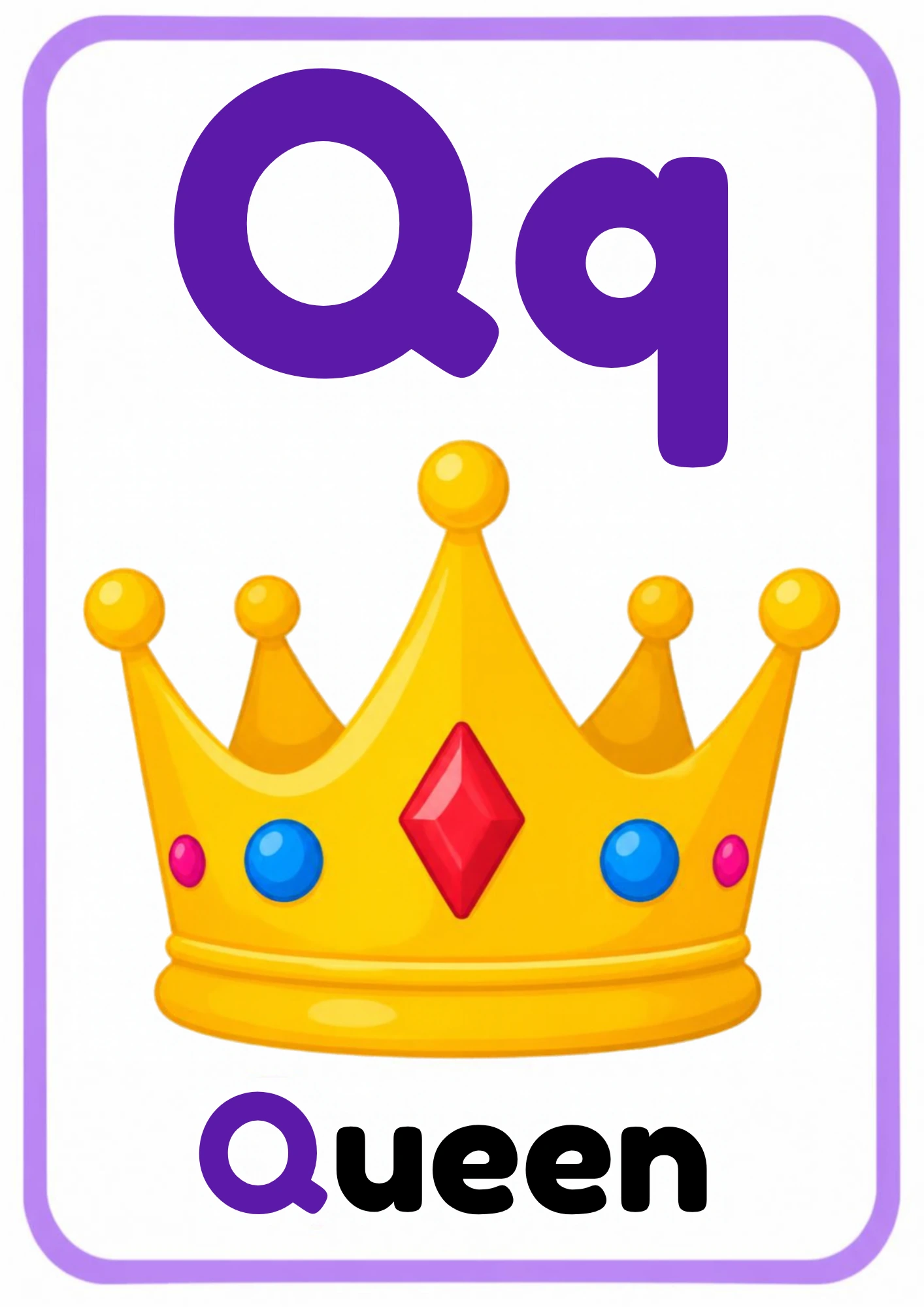Alphabet flashcard for the letter Q: big uppercase Q and lowercase q, a cartoon queen and the word Queen, from the Kiddo School alphabet set