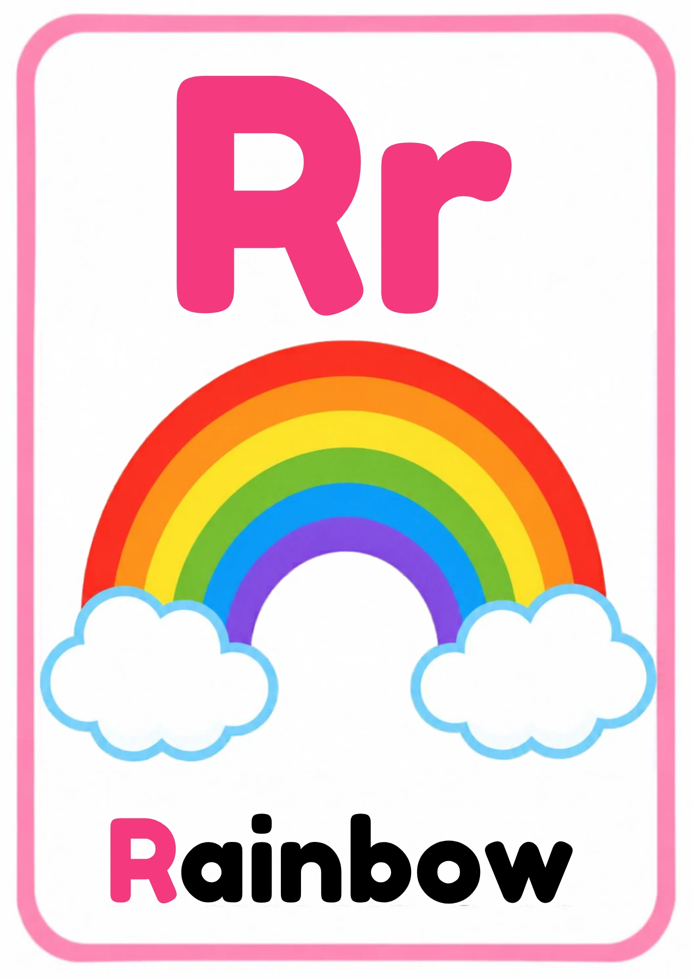 Alphabet flashcard for the letter R: big uppercase R and lowercase r, a cartoon rainbow and the word Rainbow, from the Kiddo School alphabet set