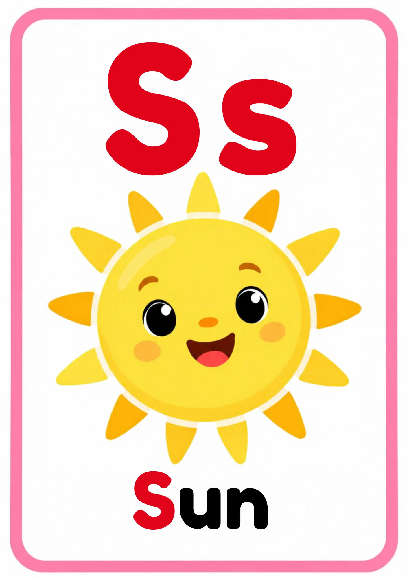 Alphabet flashcard for the letter S: big uppercase S and lowercase s, a smiling cartoon sun and the word Sun, from the Kiddo School alphabet set