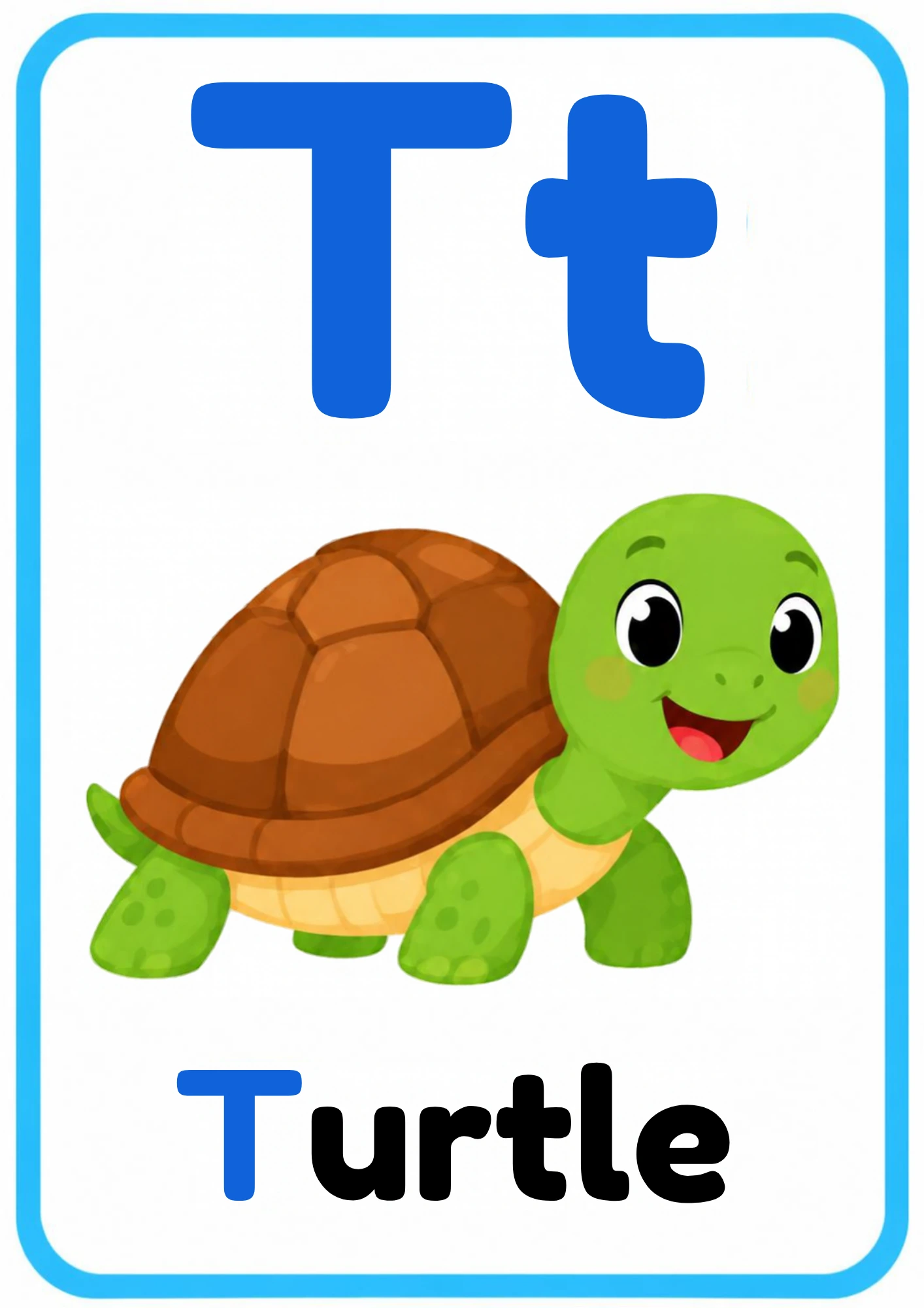 Alphabet flashcard for the letter T: big uppercase T and lowercase t, a cartoon turtle and the word Turtle, from the Kiddo School alphabet set