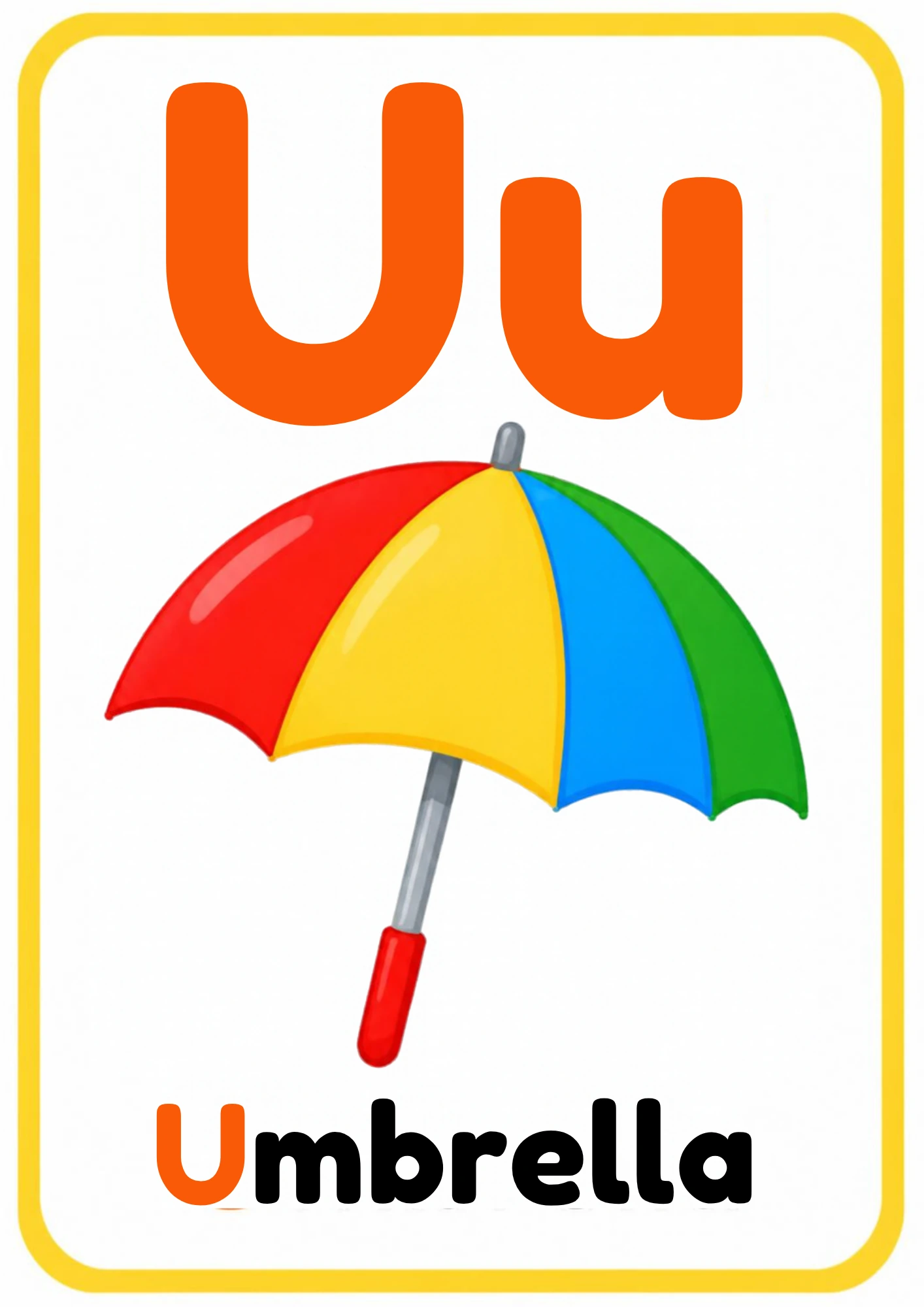 Alphabet flashcard for the letter U: big uppercase U and lowercase u, a cartoon umbrella and the word Umbrella, from the Kiddo School alphabet set