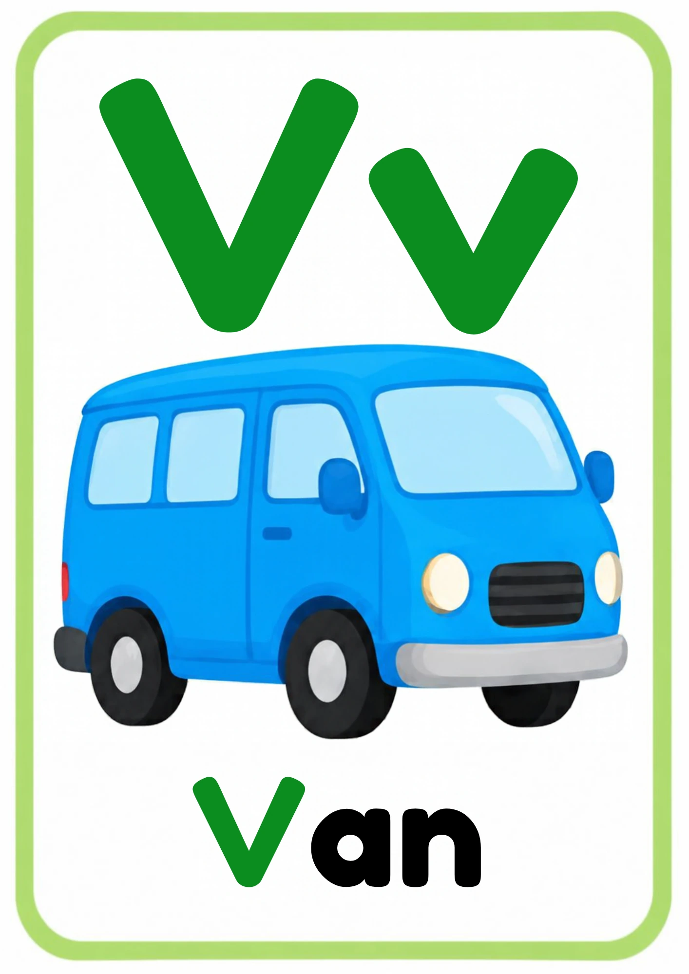 Alphabet flashcard for the letter V: big uppercase V and lowercase v, a cartoon van and the word Van, from the Kiddo School alphabet set