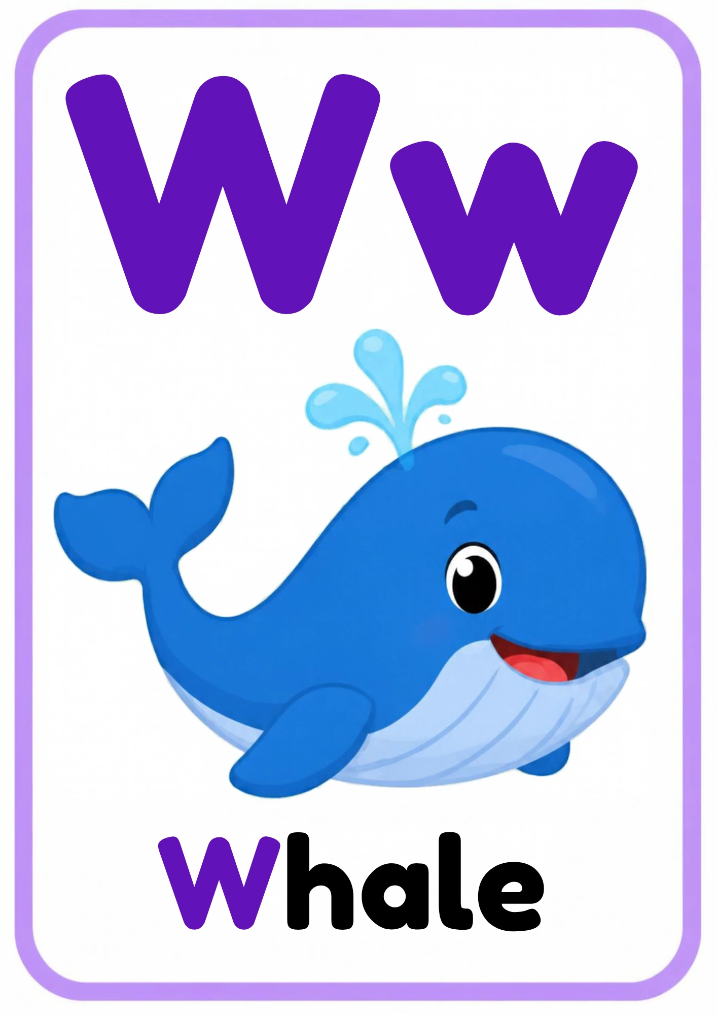 Alphabet flashcard for the letter W: big uppercase W and lowercase w, a cartoon whale and the word Whale, from the Kiddo School alphabet set