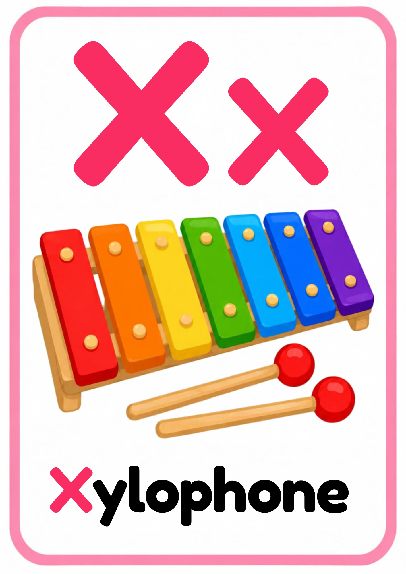 Alphabet flashcard for the letter X: big uppercase X and lowercase x, a rainbow toy xylophone with two mallets and the word Xylophone, from the Kiddo School alphabet set