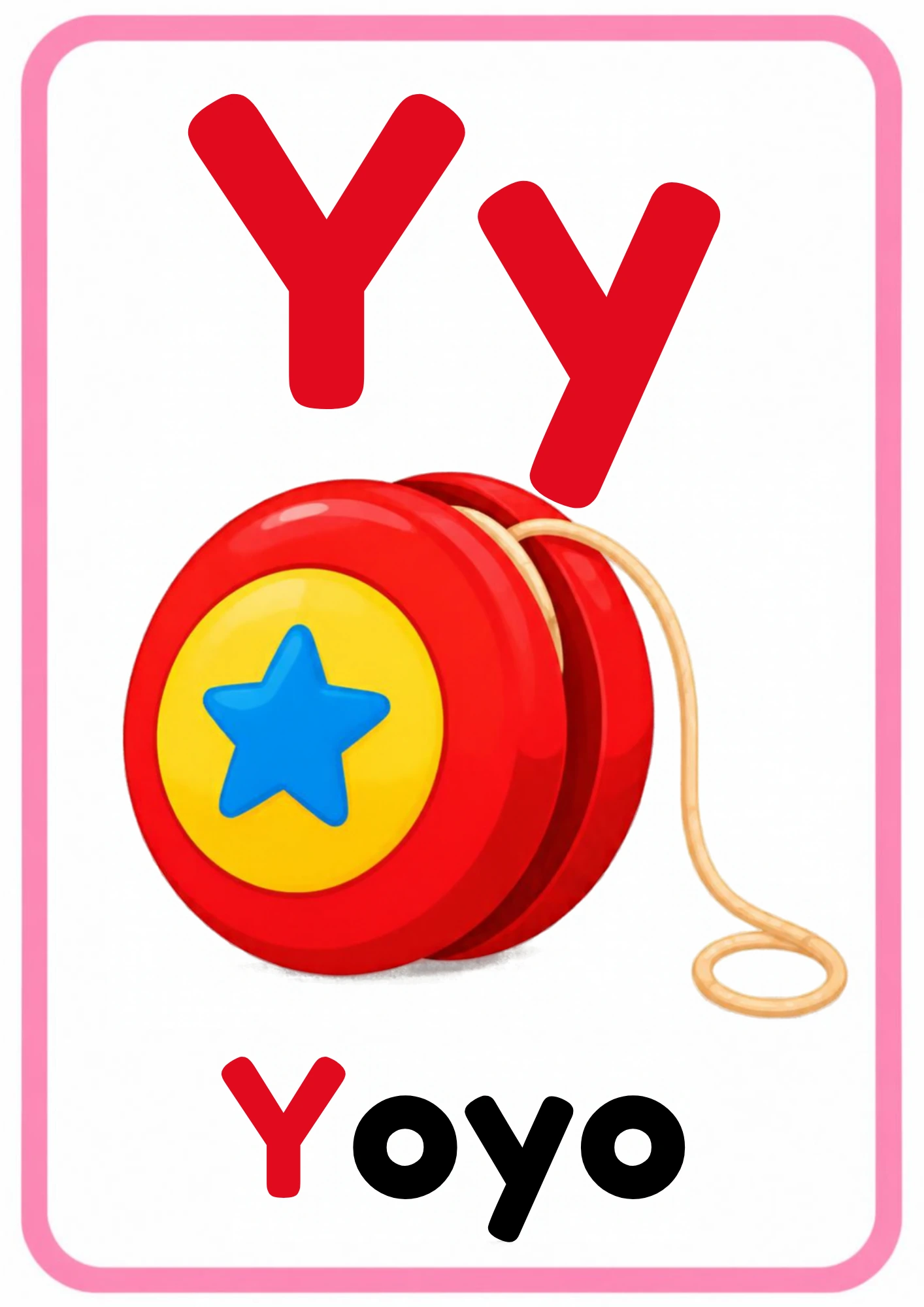 Alphabet flashcard for the letter Y: big uppercase Y and lowercase y, a cartoon yo-yo and the word Yo-yo, from the Kiddo School alphabet set